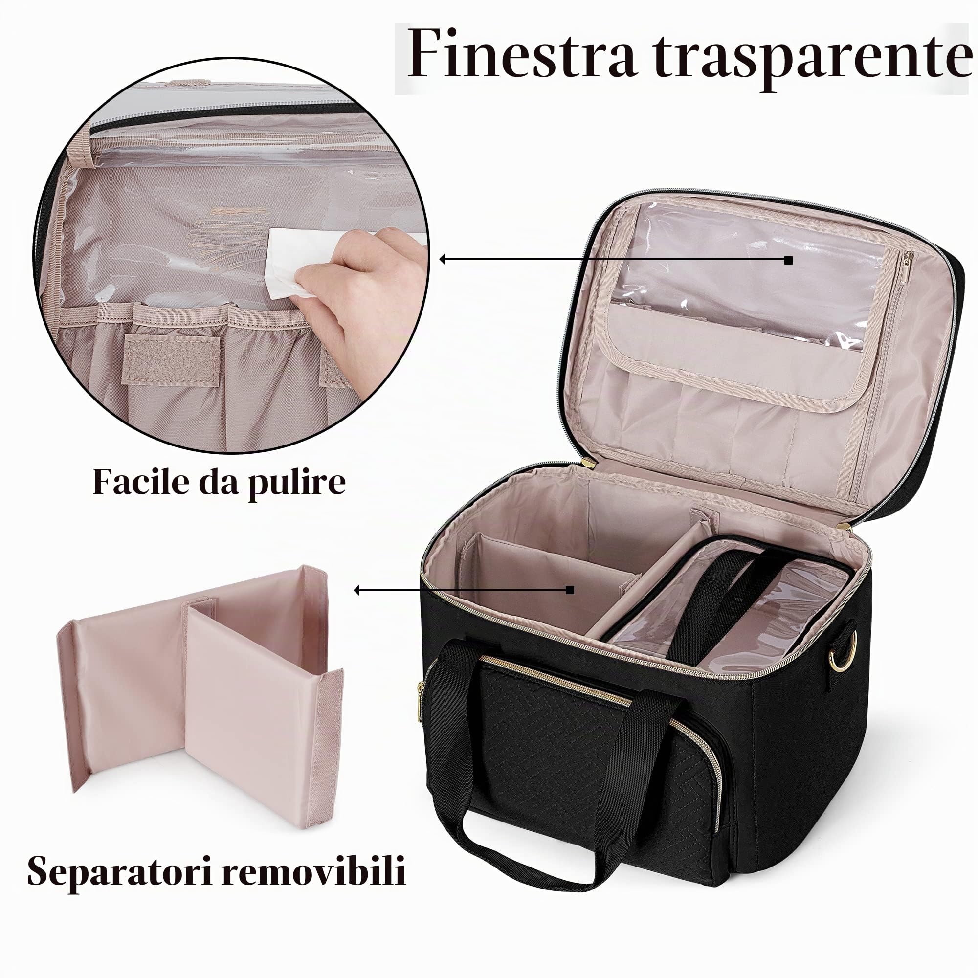 Borsa per Trucchi con 2 Astucci Cosmetici Separati, Nero | Divisori Rimovibili, Cinghie Regolabili, Solo Borsa Vuota