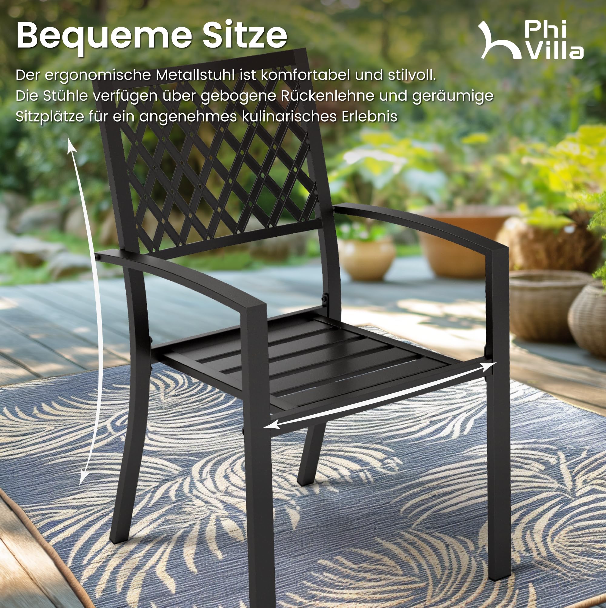 PHI VILLA Metall Gartenmöbel Set 6 stühle mit Tisch Wetterfest Schwarz | E-Beschichtung Rostfest Metall Sitzgruppe Outdoor, Stapelbare Stühle für Platz Sparen, 6 Personen, Terrasse, Veranda, Deck