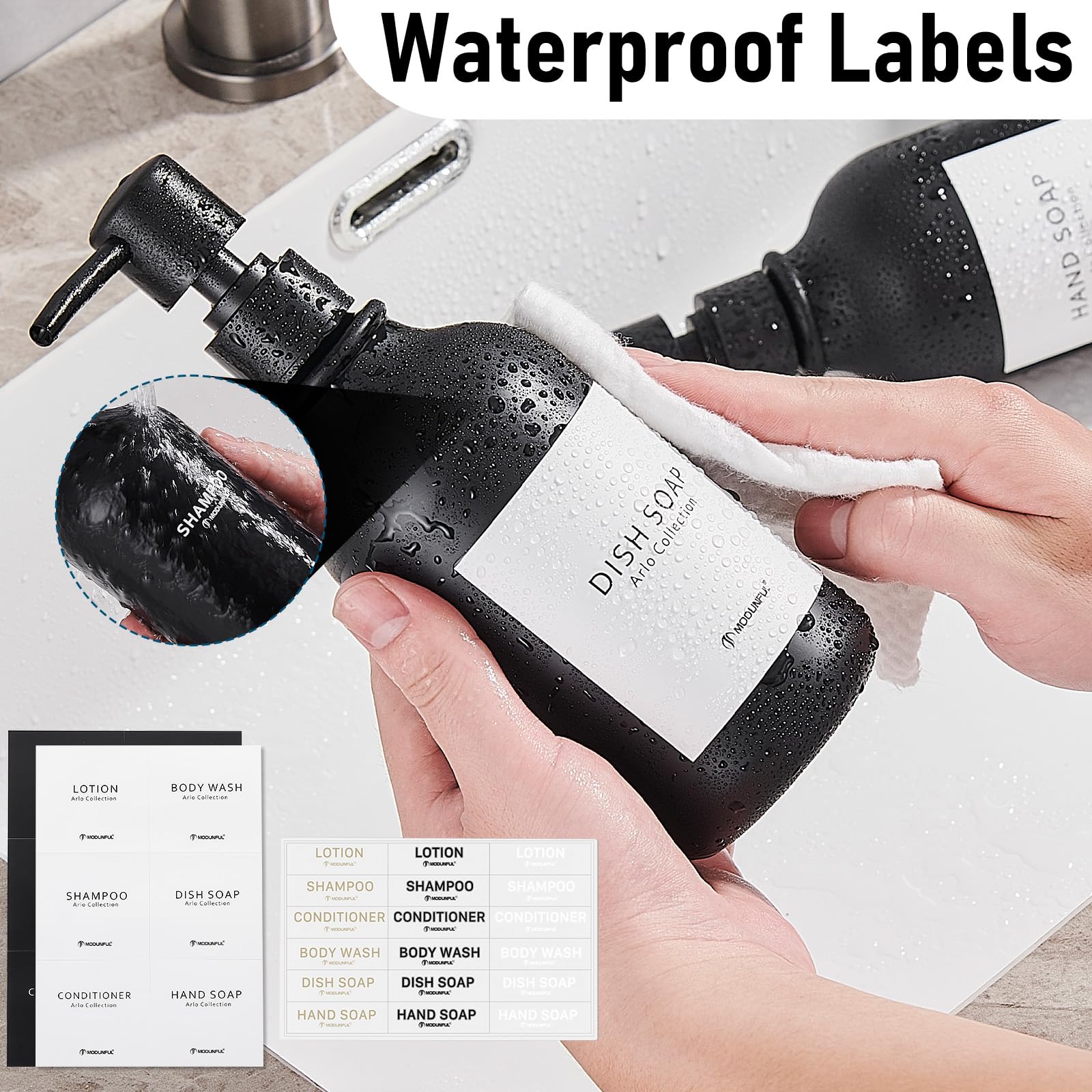 MODUNFUL Hand and Dish Soap Dispenser Set of 2 for Kitchen & Bathroom, Black Bottle & Black Pump, 2 Pcs - Image 6