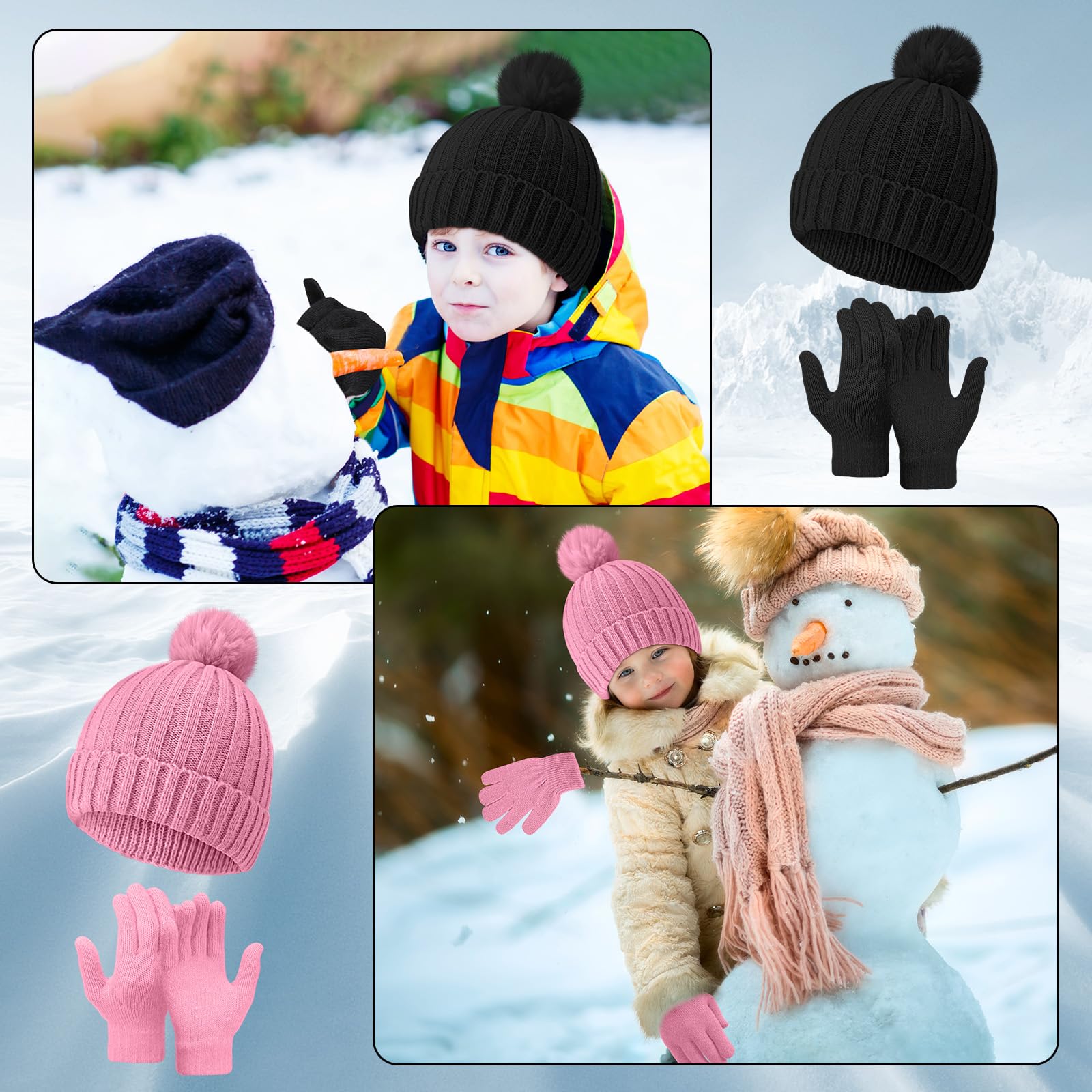 JaGely 20-teiliges Kinder-Mützen- und Handschuh-Set, warme Wintermütze und Handschuhe, Unisex, Strickmütze mit Pompon, volle Finger, gestrickte Skihandschuhe für Jungen und Mädchen, Geschenk, bunt,