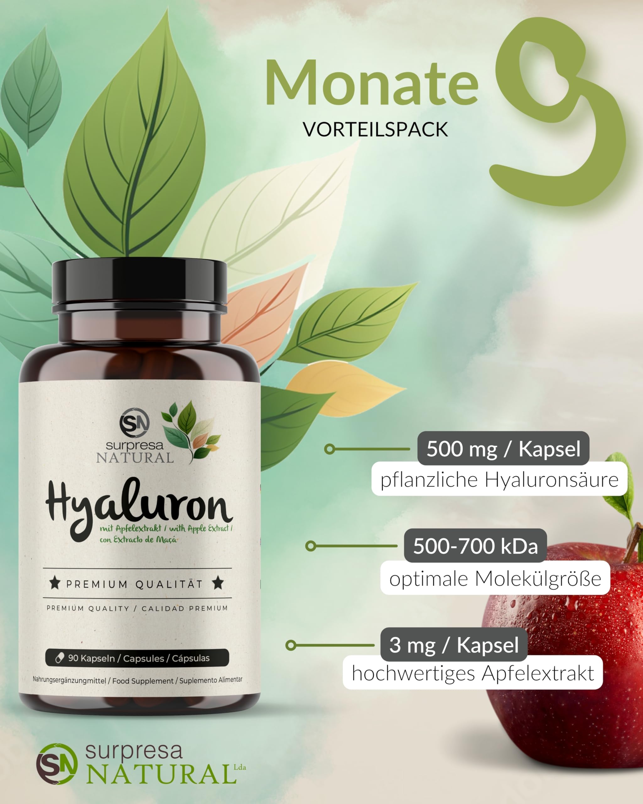 Hyaluronsäure Kapseln hochdosiert I 3x 90 Kapseln mit Apfel Extrakt I 500 mg Hyaluronsäure mit 500-700 kD pro Kapsel I Hyaluron Kapseln I vegan & laborgeprüft