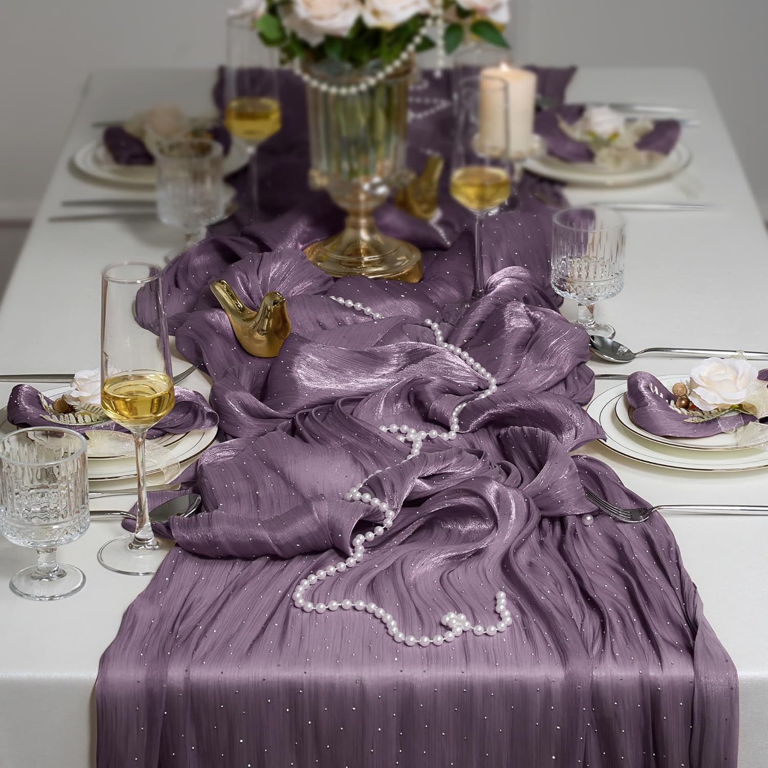 Leetaltree Dazzle Table Runner with Hot-fix Rhinestones-Luxury Scarf Table Runner 120 Inch 10FT -Elegant Gift Set with Card for Wedding,Christmas, Holiday & Home Decor (Purple, Set of 3)