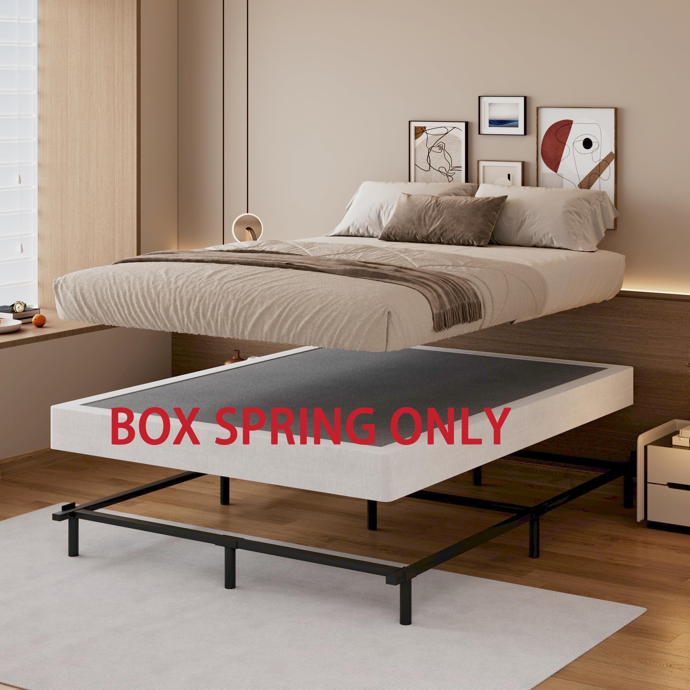 SHLAND Boxspringbett, 15,2 cm, niedriges Profil, volle Größe, Boxspringbett, Metallrahmen, Matratzenfundament mit Stoffbezug, einfache Montage