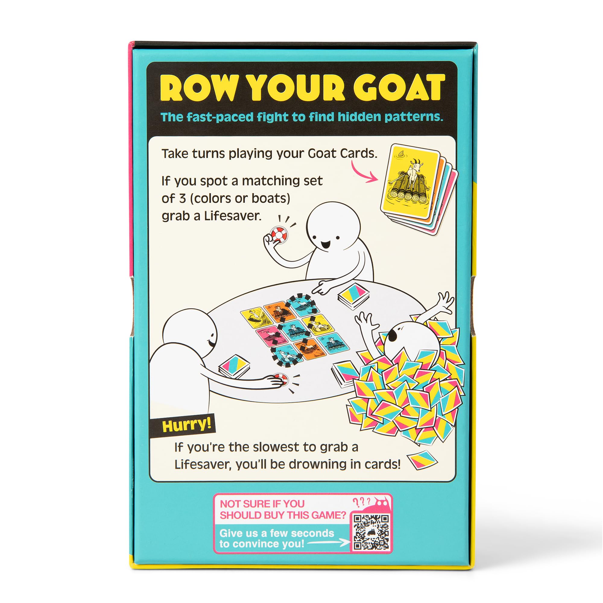 Row Your Goat: By Exploding Kittens, 2-6 Players, Age 7+ Fast Card Game | Play goat cards, spot matching colors or boats, and grab a lifesaver fast. The slowest player collects the pile! Family Game