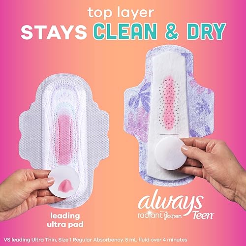 Miniatura 5 de Always Radiant - Almohadillas femeninas para adolescentes, tamaño 1, absorción regular, con espuma flexible, con alas, sin perfume, 42 unidades