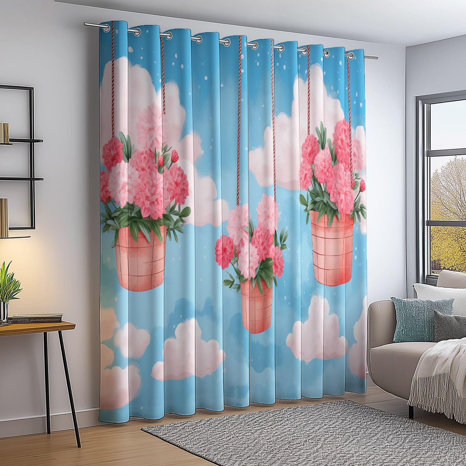 Rideau Occultant Imprimés Rêve Nuages Fleurs, 140L X 200H cm (2 Panneaux) Thermique Anti Froid Rideaux Opaque Isolation Phonique à Oeillets pour Salon Balcon, Rose Bleu