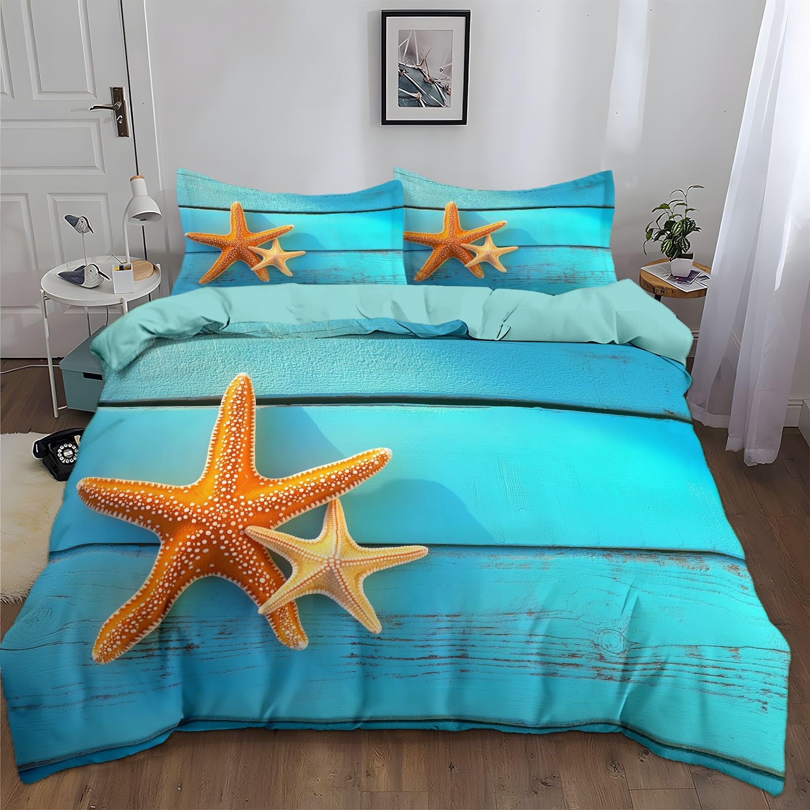 Bedding Sets Blue Wooden Starfish Print Duvet Cover Set, Comforter Cover 3D Duvet Cover Full Size Soft Youth Reversible 3-Piece Quilt Cover for Kids Teens