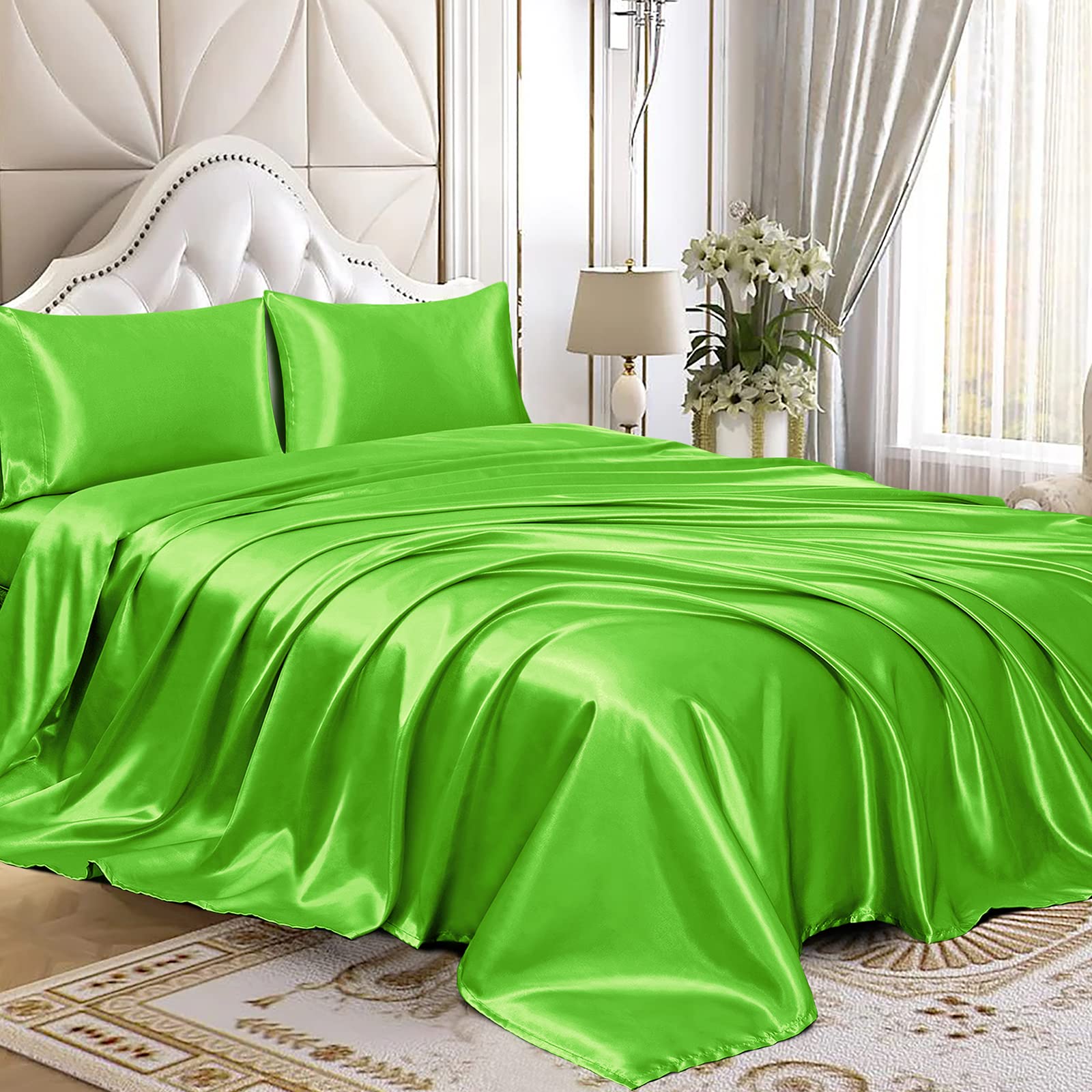 Homiest 4pcs Satin Sheets Set Luxury Silky Satin Bedding Set with Deep Pocket, 1 Fitted Sheet + 1 Flat Sheet + 2 Pillowcases (Full Size, Lime Green)
