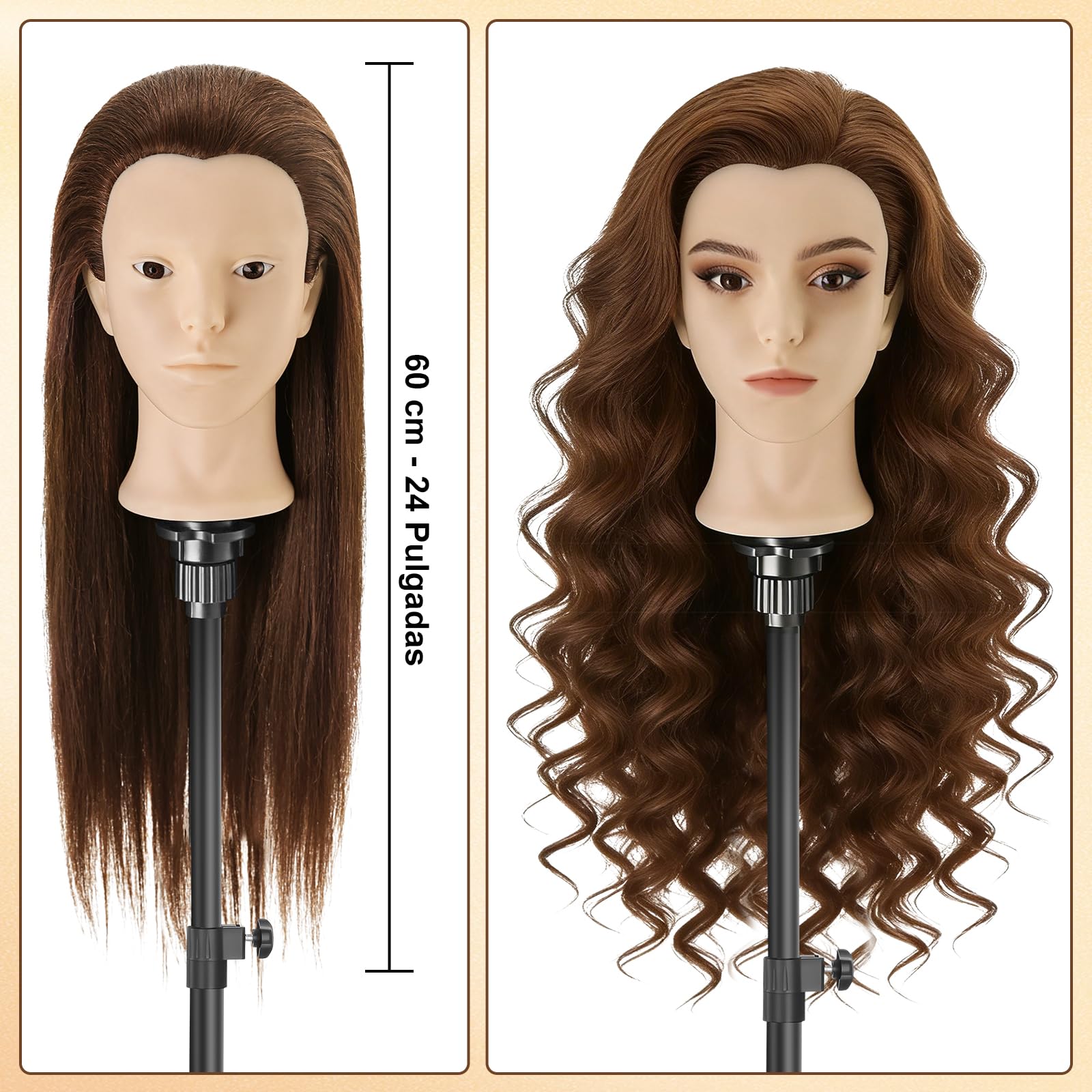 TwoWin 24 inch Cabeza Peluquería, 80% Cabello Humano, 60 cm Cabeza Maniquí