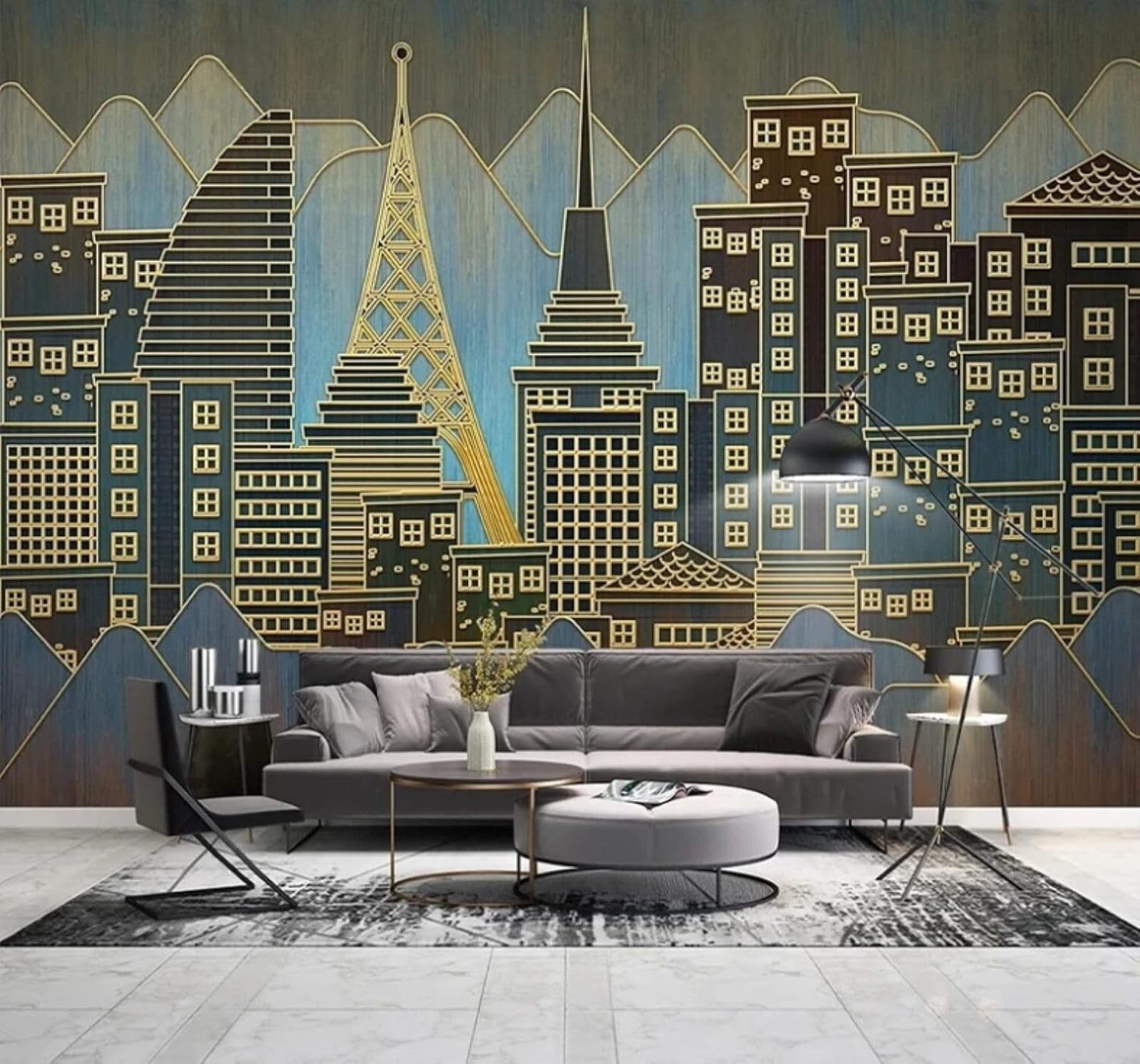 XLMING Relief Creative Gold Thread Urban Architecture Art 3D Wallpaper Luxury Silk Study Dining Feature Sofa Grey Bedroom Living Room Tv Decorative Wall-150cm×105cm