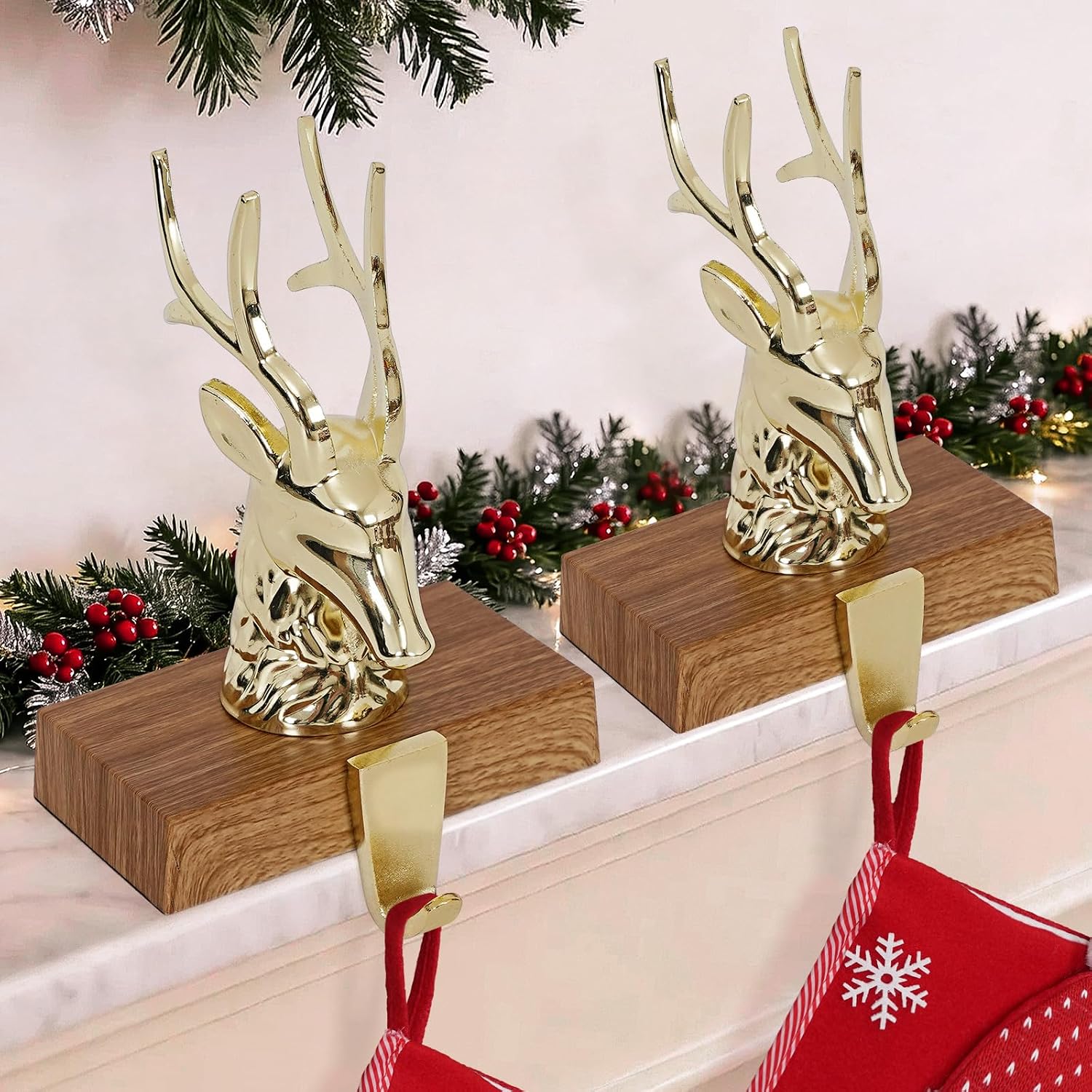 INNO STAGE Christmas Stocking Holders for Mantle Set of 2, 3D Reindeer Stocking Holders with Non-Slip Base, Stocking Hooks Hangers for Fireplace Shelf Table Festive Xmas Decorations (Durable Sturdy)