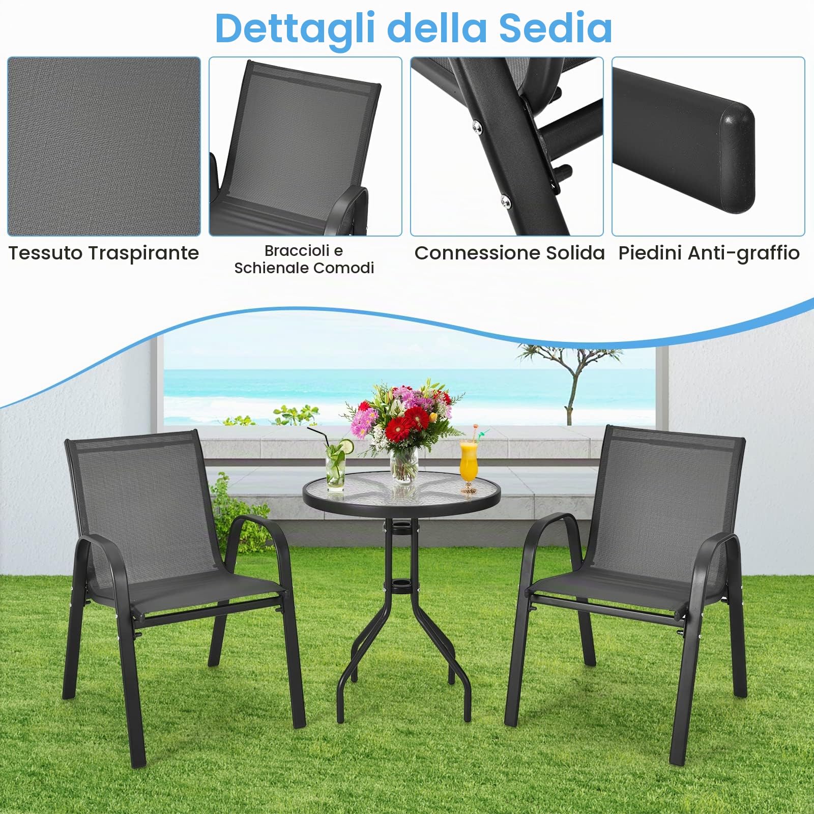 GYMAX Set Bistro da Esterno 3 Pezzi, 2 Poltrone e 1 Tavolino in Vetro Temprato, Telaio in Acciaio, per Giardino, Cortile, Balcone, Grigio