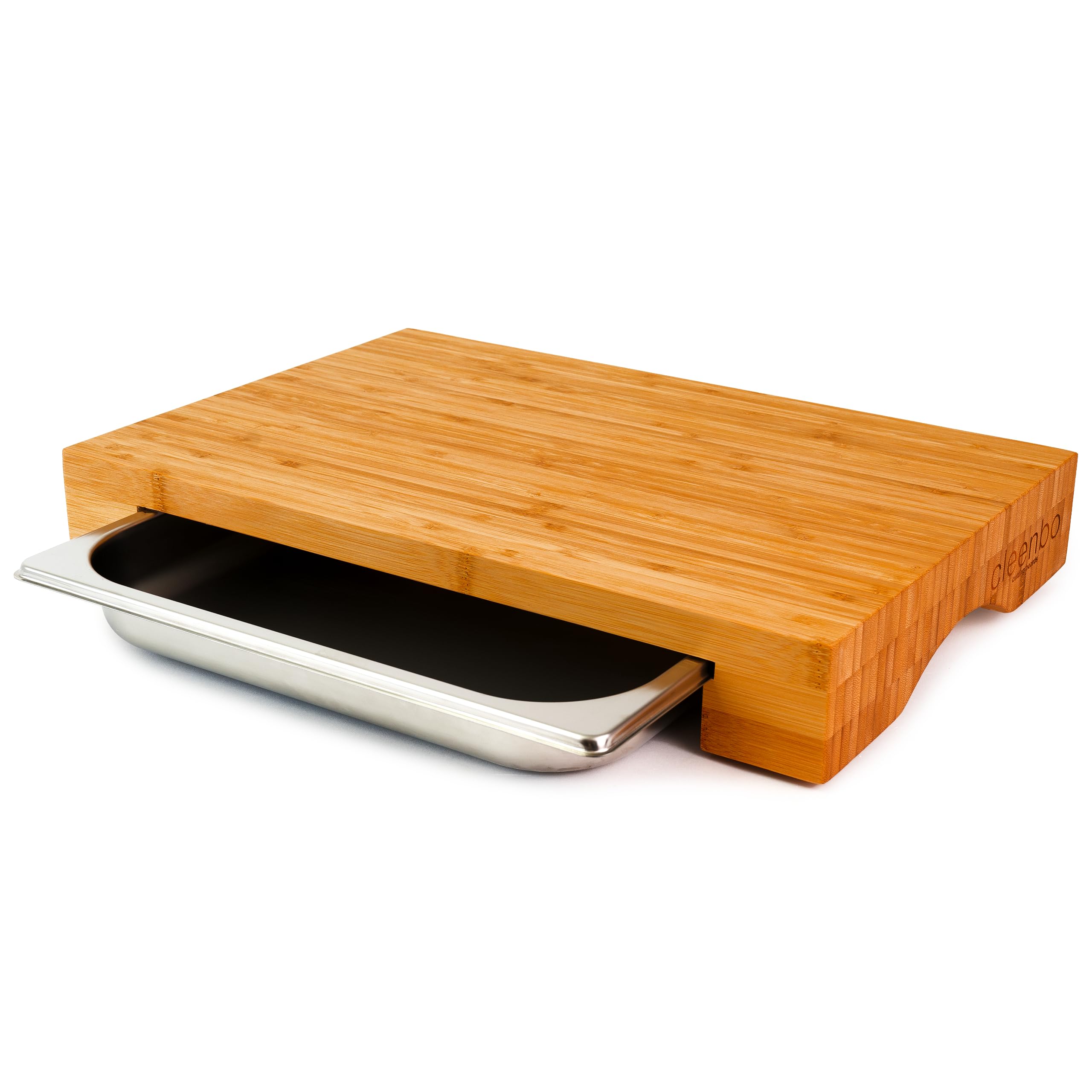 Schneidbrett mit Auffangschale "cube bamboo" Profi Holz Küchenbrett aus Bambus - Schneidebrett mit Auffangbehälter (Gastro Edelstahl Auffangwanne/Behälter), Bambusbrett Maße: 43 x 29 x 7 cm