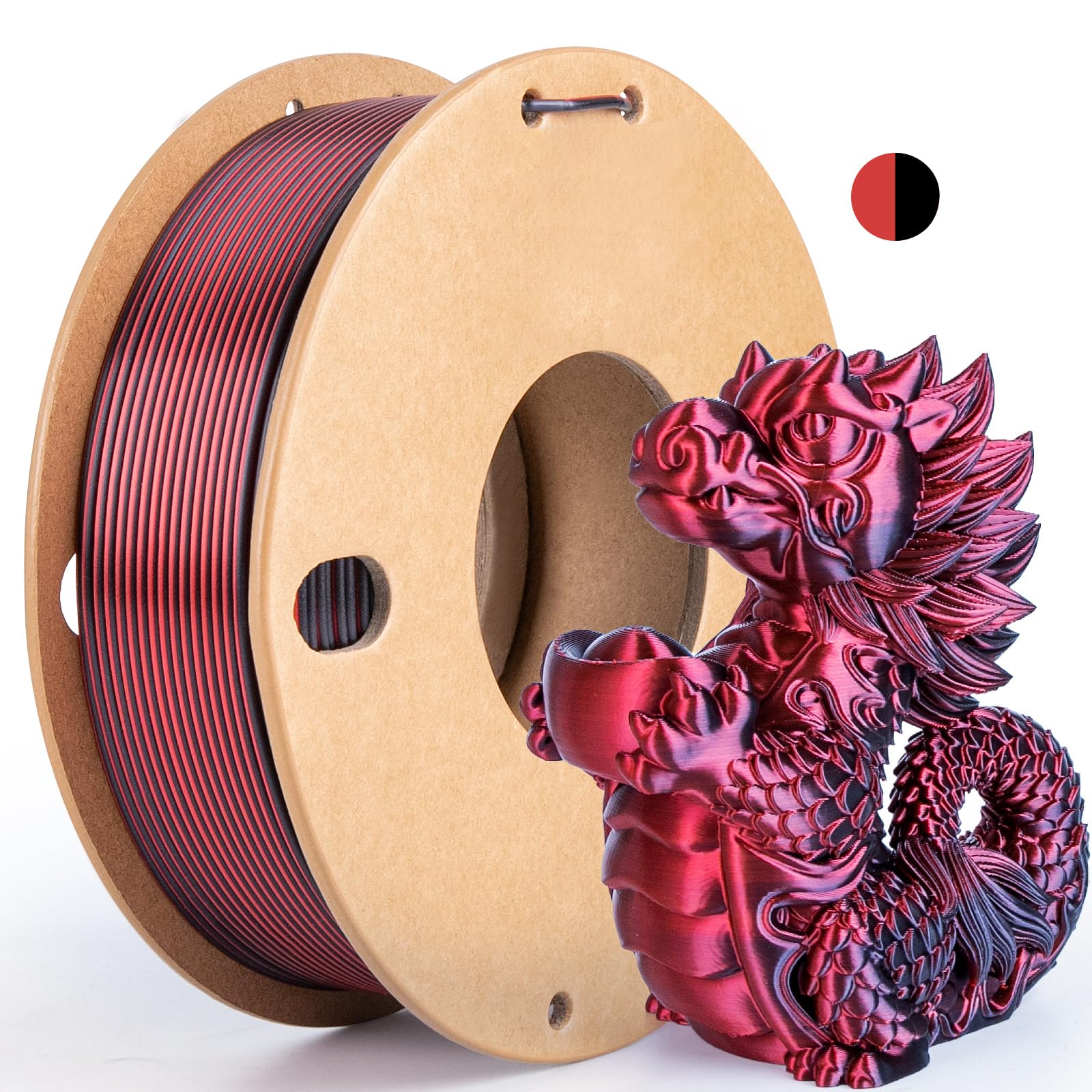 dikale Silk Dual Color PLA+ 3D Printer Filament 1.75mm, No Tangle Shiny Filament Net Weight 250g Spool (0.55lbs), 2-in-1 Silk PLA Pro Plus, Black+Red-image-45