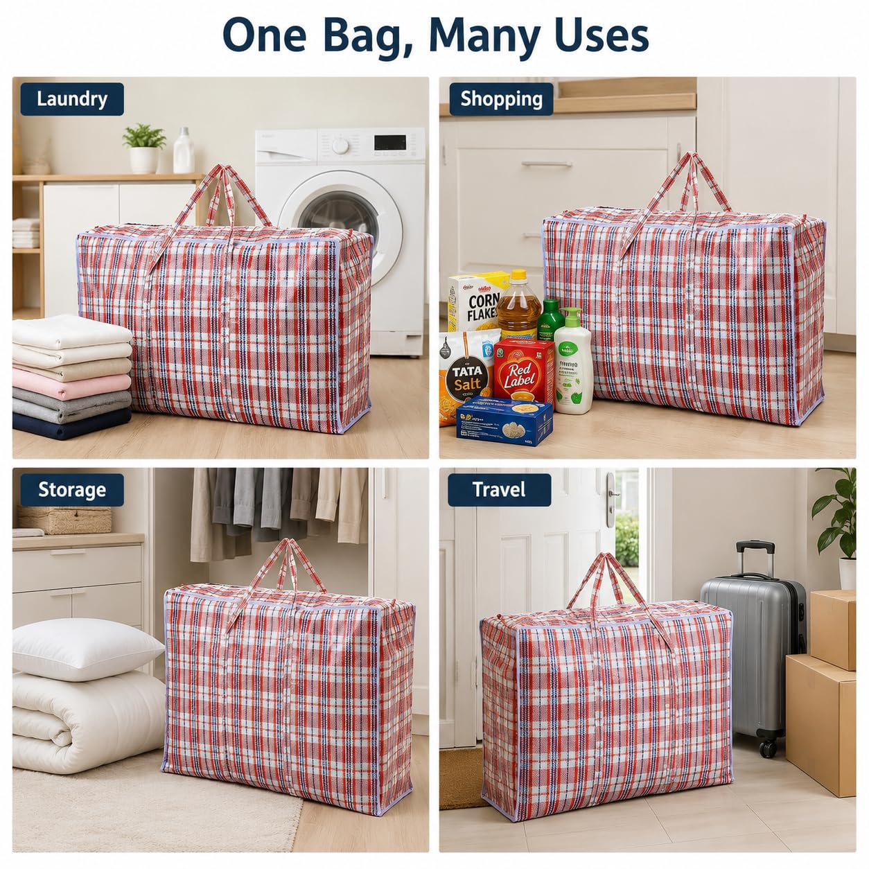 1ABOVE Confezione da 3 sacchetti jumbo resistenti per biancheria, shopping, stoccaggio, riutilizzabili, in tessuto, traslochi, impermeabili, con manici e cerniera, 70 x 60 x 28 cm