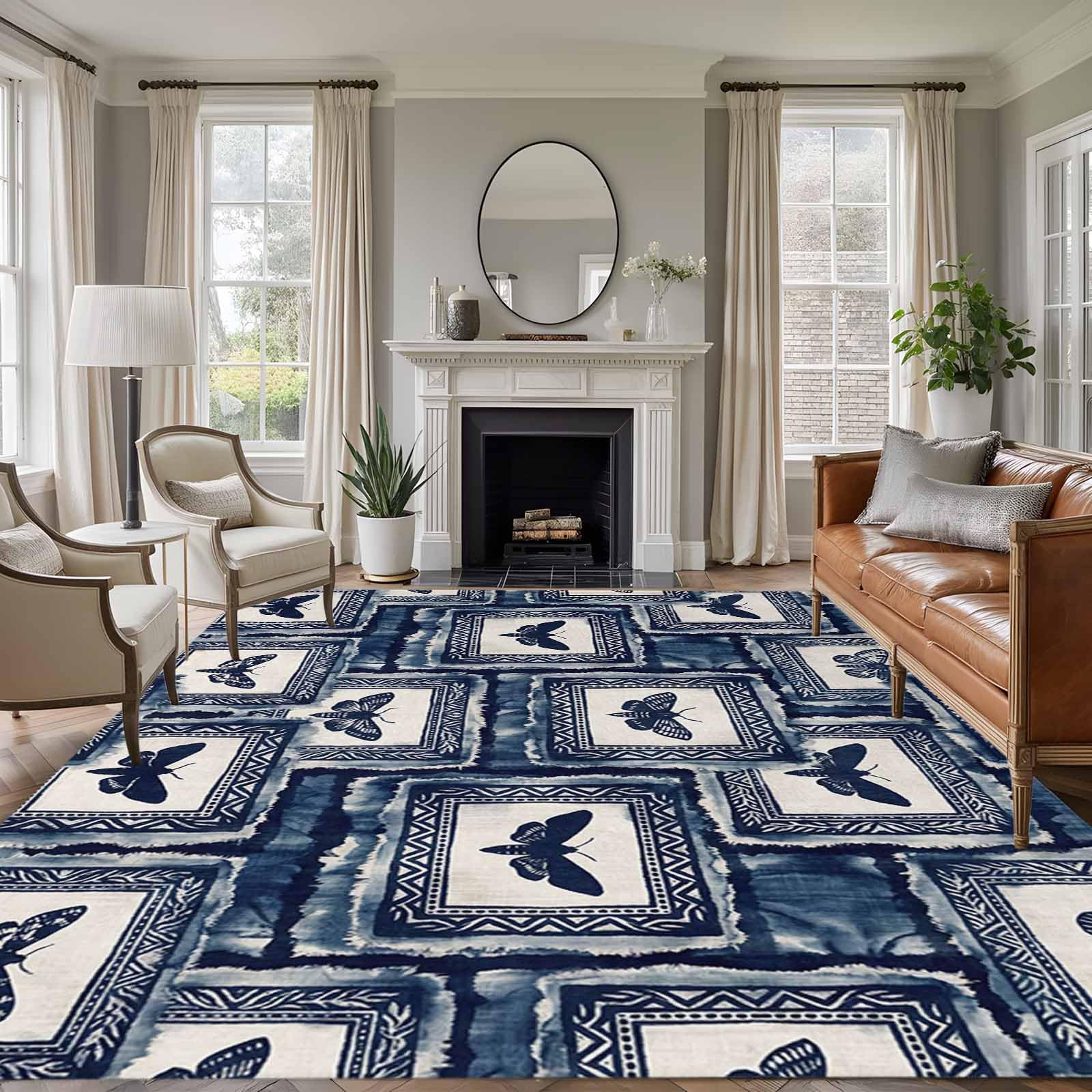 Area Rugs 5x7 for Living Room, Blue Farm Animal Non Slip Washable Rug Runner, Vintage Butterfly Tie-dye Painting Art Low Pile Indoor Floor Carpet Mat Bathroom Rugs for Bedroom, Kids Room