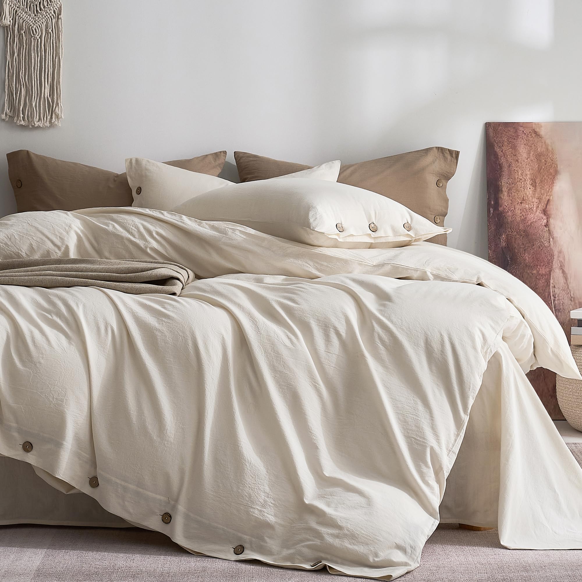Photo 1 of JELLYMONI 100% Washed Cotton Duvet Cover Twin – Soft, Breathable Linen-Look Bedding with Natural Wrinkle Texture, Button Closure, 2-Piece Set (Oat Milk, 68"x90")