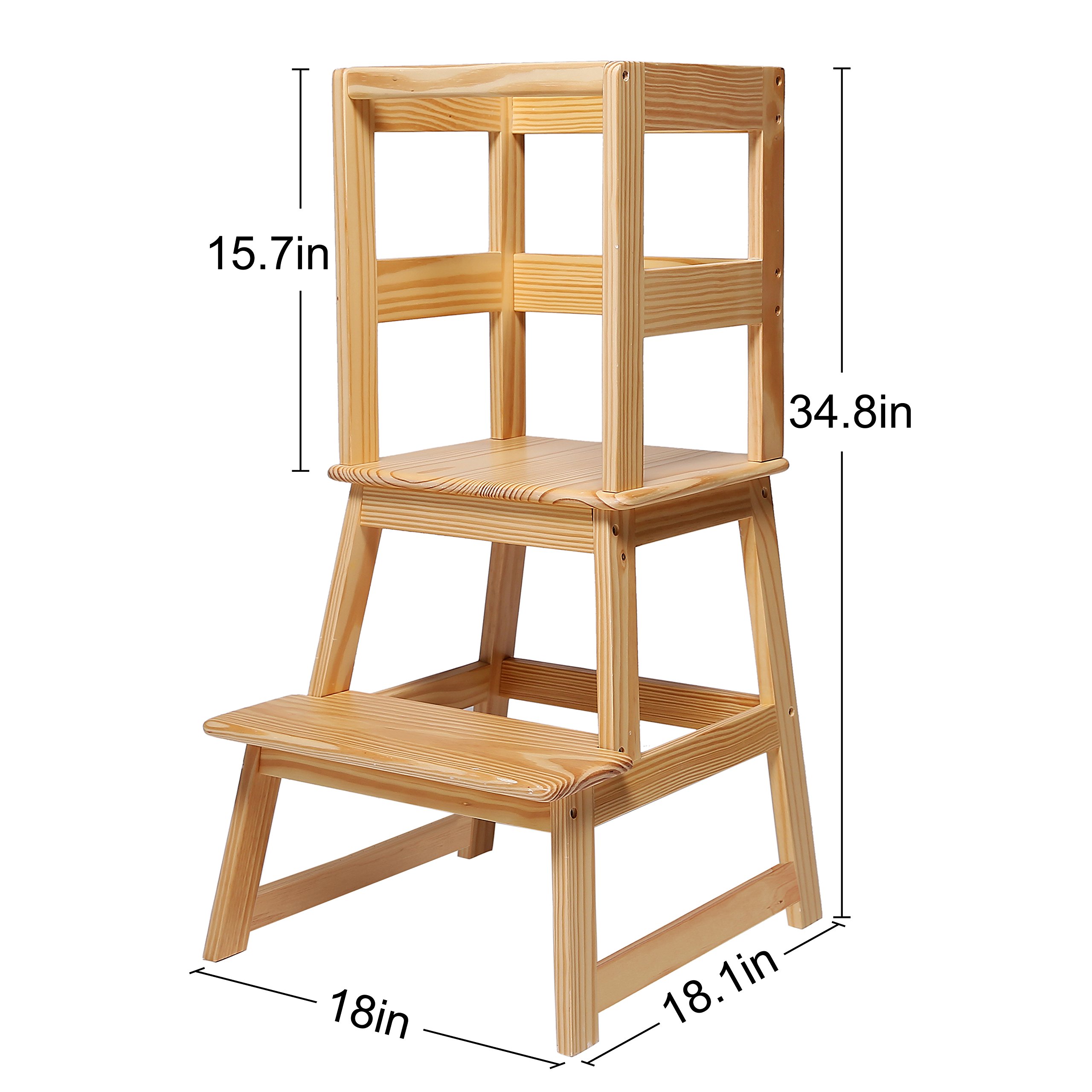 SDADI Solid Wood Construction Kids Kitchen Step Stool, Toddler Learning Stool Tower with Safety Rail, Natural