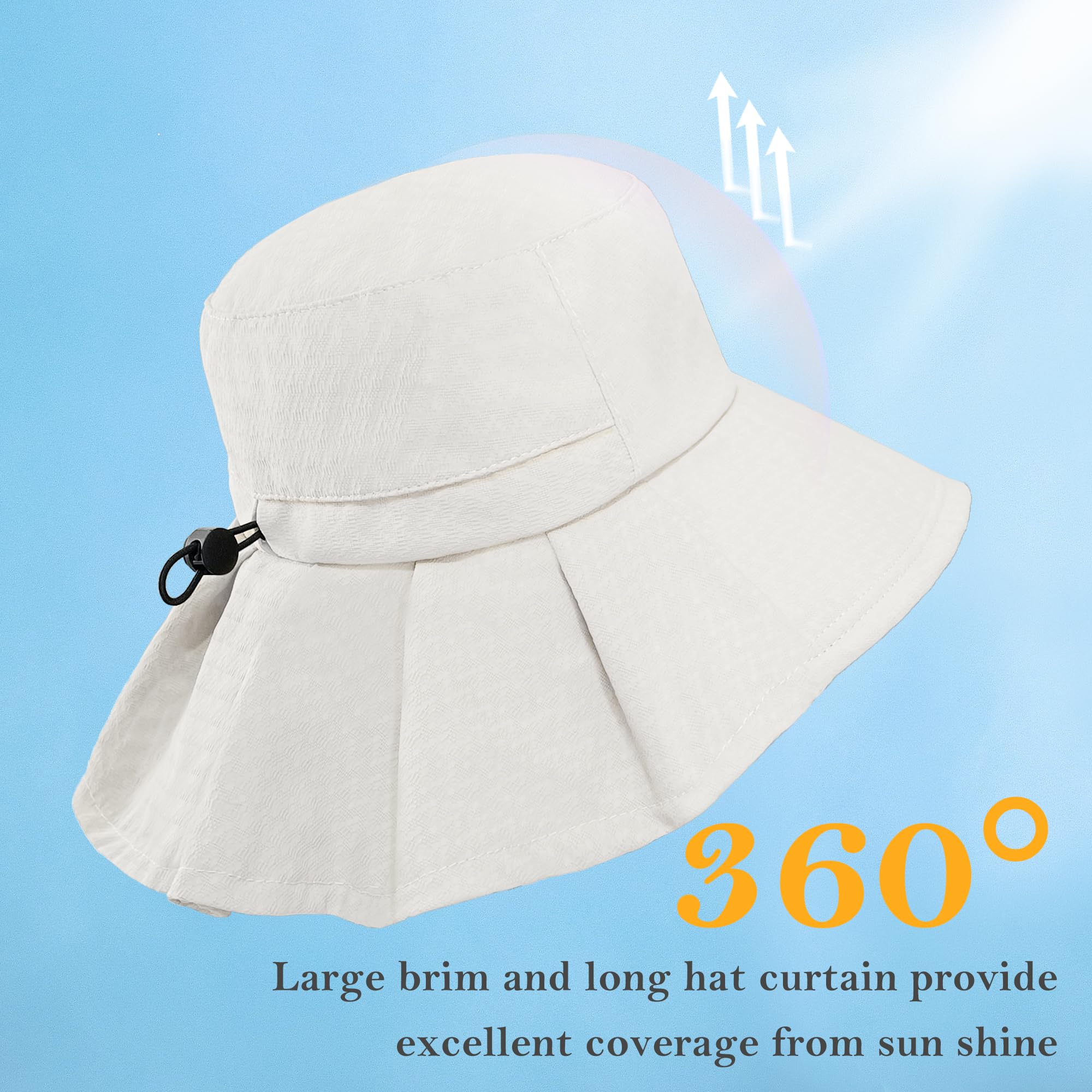 ehsbuy Chapeau Soleil Femme Coton Bobs Femme Ete Large Bord Pliable Lady Bucket Hat avec Cou et Mentonnier Réglable pour L'extérieur Plage Jardinage et Safari
