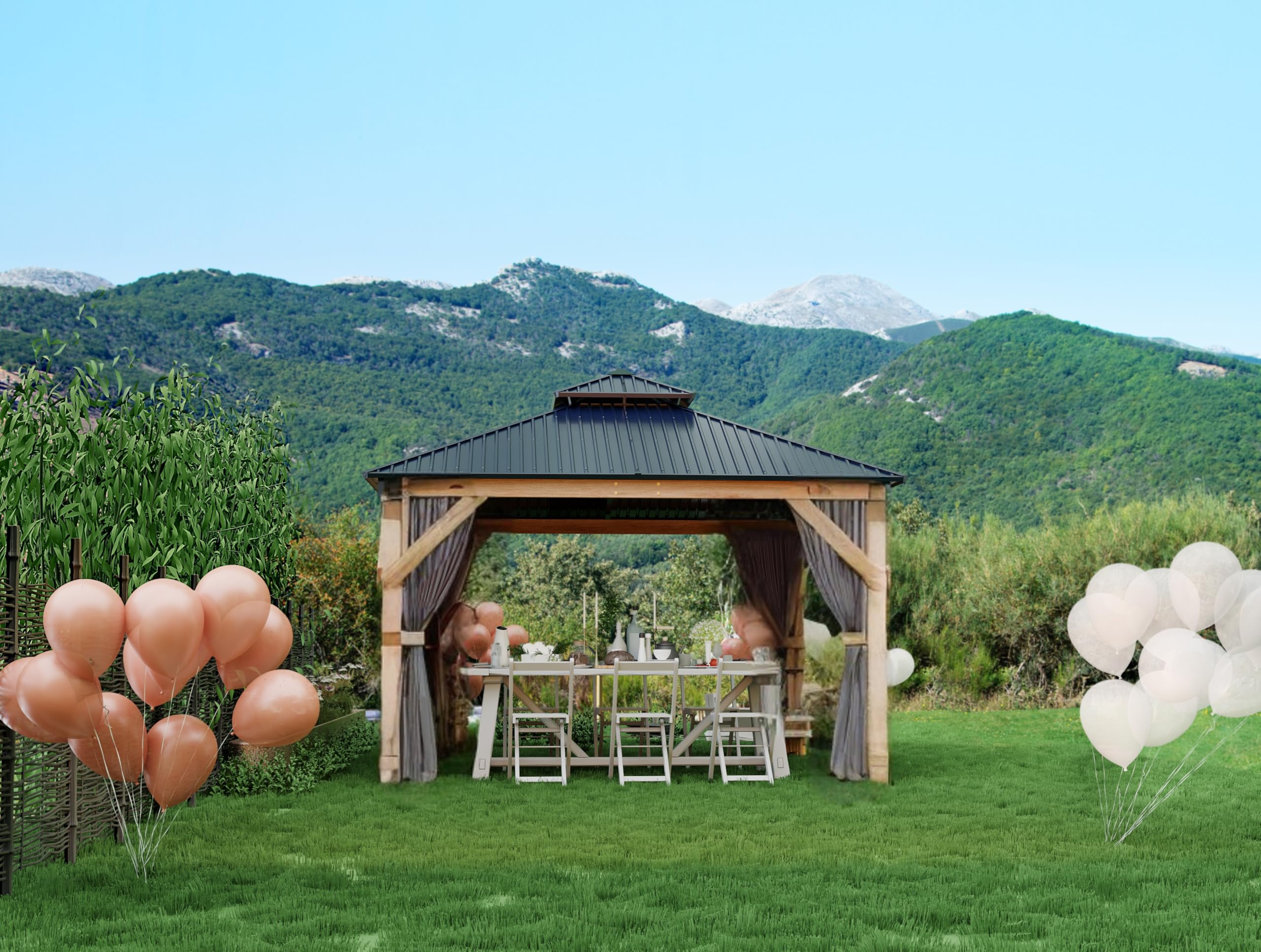 GarveeLife Hardtop Wood Gazebo 10 ft x10 ft for All Weather, with Double Metal Roof, Heavy Duty Wooden Frame, Net, and Curtain, Permanent Building for