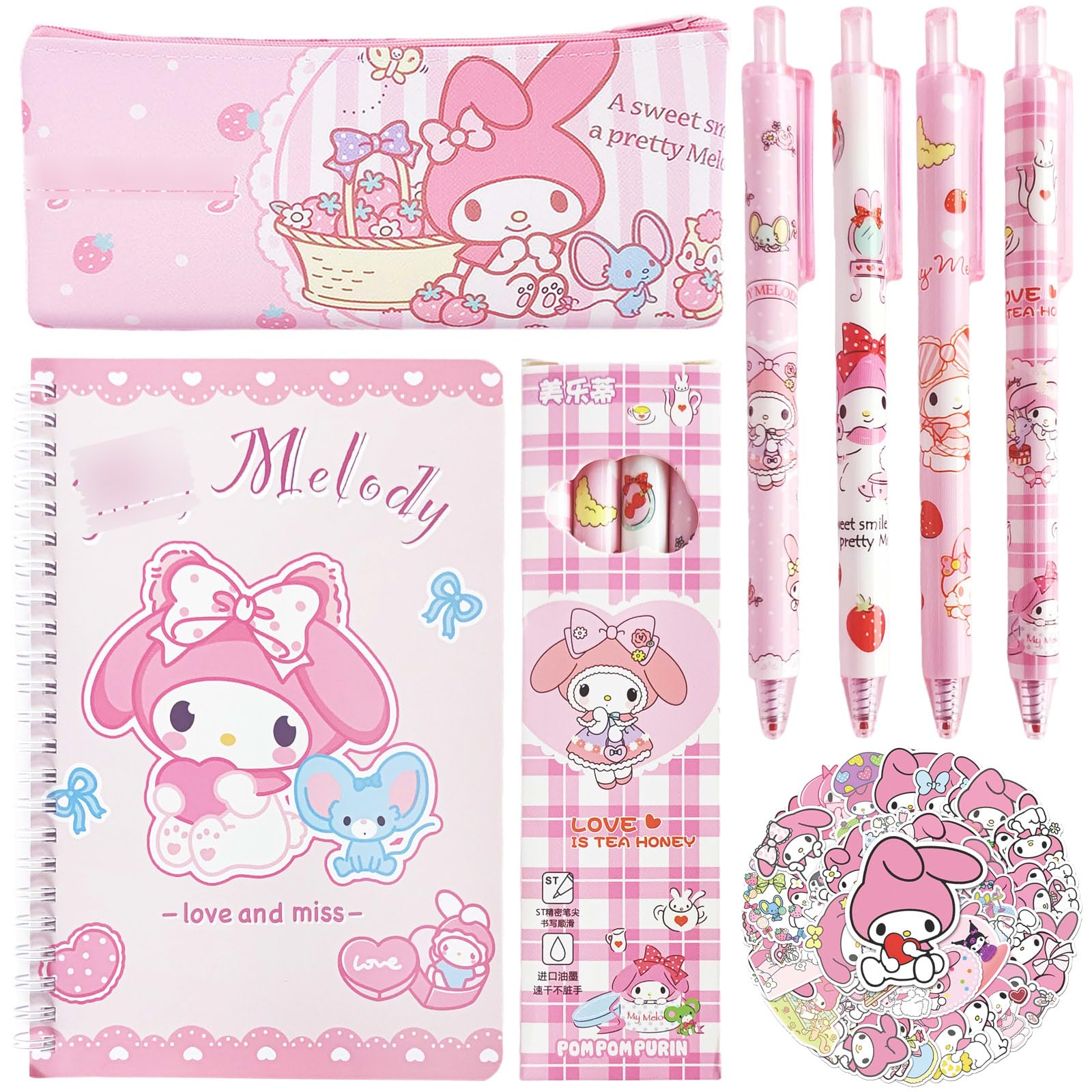 Cute School Supplies Set - Gel Pens, Journal Notebook, 50 Stickers, Pencil Cse, Kawaii Stationery Set, Back to School Gift, Pink
