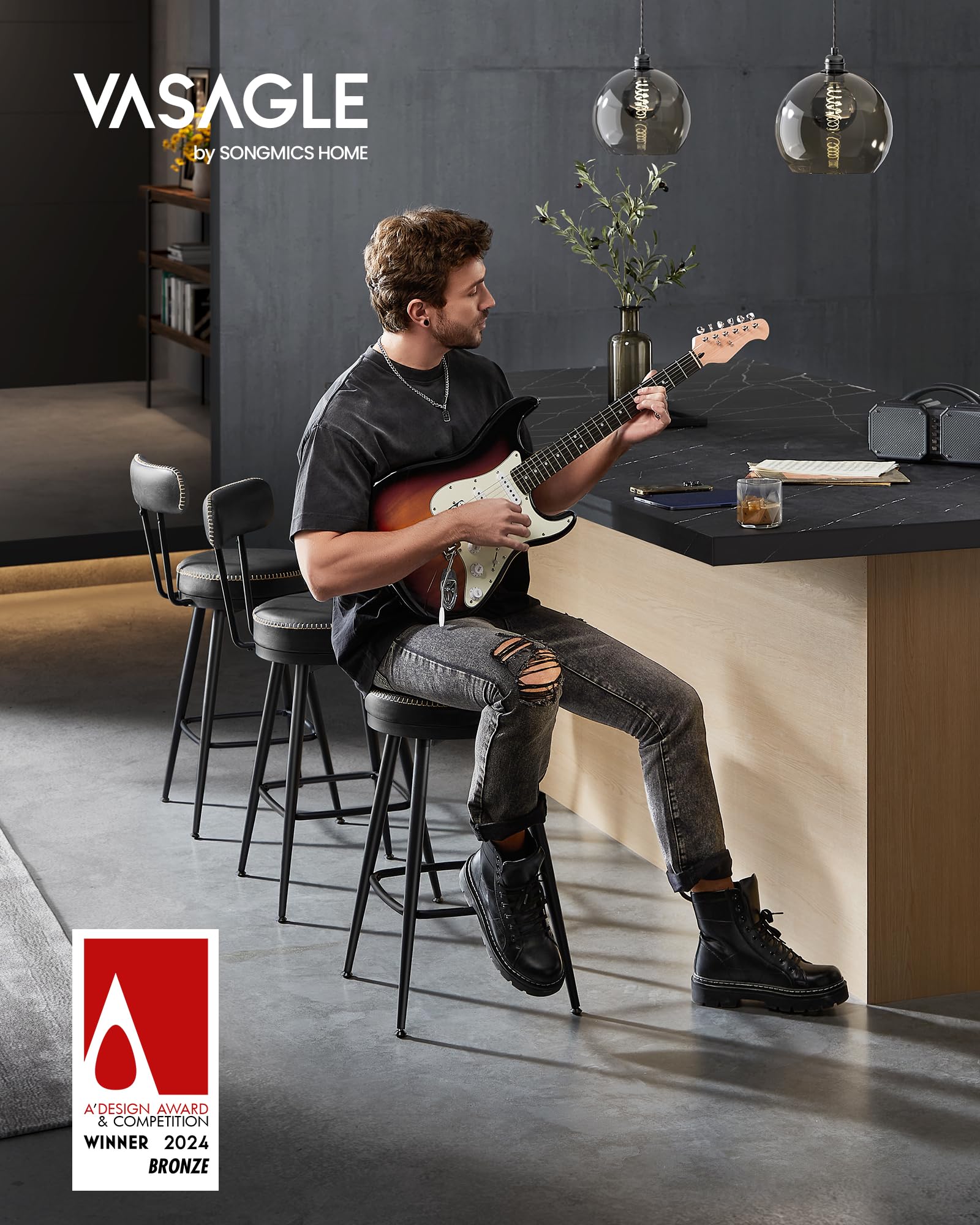 VASAGLE EKHO Collezione - Sgabelli Cucina Girevoli a 360° Set da 2, Sgabelli da Bar con Schienali, Rivestimento con Cucitura, Moderno di Metà Secolo, Altezza 65 cm, Nero Inchiostro LBC089B01