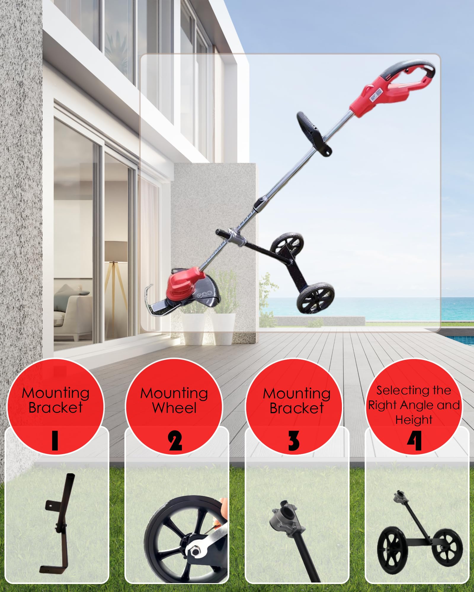 Accesorio de rueda de recortadora de cuerdas, rueda de soporte de 20 pulgadas de altura ajustable con tubo de eje de 1 a 1.35 pulgadas para desbrozadora eléctrica de cuerdas de gas