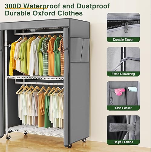 Miniatura 10 de LEHOM G1L - Perchero de 3 niveles con estantes de almacenamiento, organizador de ropa resistente con varillas doblesruedas bloqueables y 2 pares de