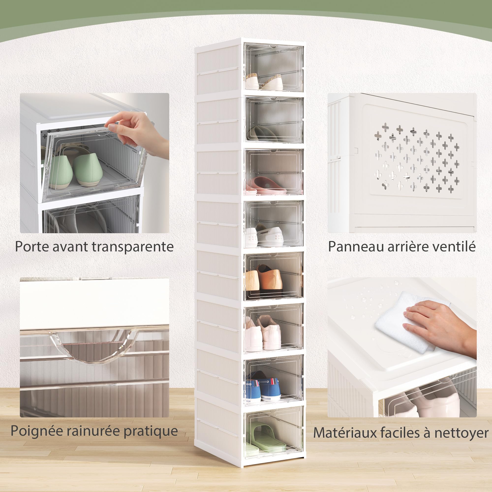 HOMCOM Lot de 8 Boîtes à Chaussures Pliables Empilables 26x35x140cm Blanc | Boîtes de Rangement pour Chaussures en Plastique, Couvercles, pour Pointure jusqu'à 43