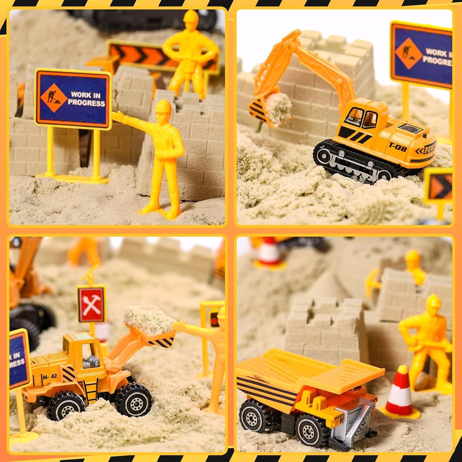 Sable Magique, Chantier de Construction Bac à Sable Magique avec 1000g Super Sand, Grue Jouet, 5 Mini Véhicules & 14 Moules de Sable, Jouets Sensoriels Jouets de Sable Cadeau pour Enfant Garçon Fille