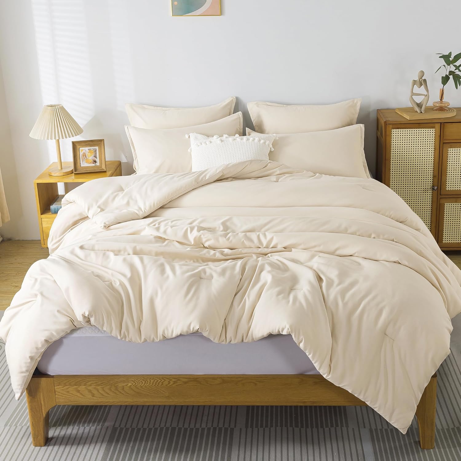 Andency Beige California King Size Comforter Set, Solid Comforter Set 3 Pieces (1 Boho Comforter & 2 Pillowcases), Lightweight and Fluffy Bed Comforter Set for All Season Beige Cal King (104"x96")