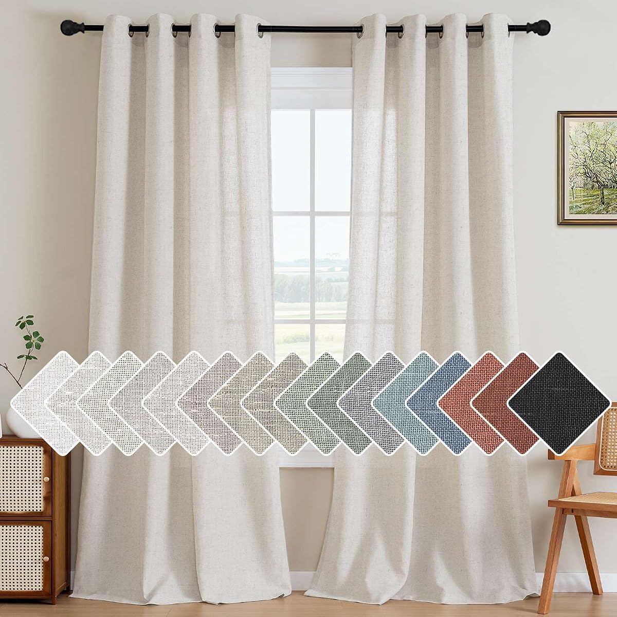 H.VERSAILTEX Cortinas de lino natural con ojales de 84 pulgadas de largo para sala de estar, 2 paneles, semitransparentes, neutrales, estilo rústico, estilo rústico, estilo bohemio, para dormitorio, aspecto de muselina, filtrado de luz, natural jaspeado