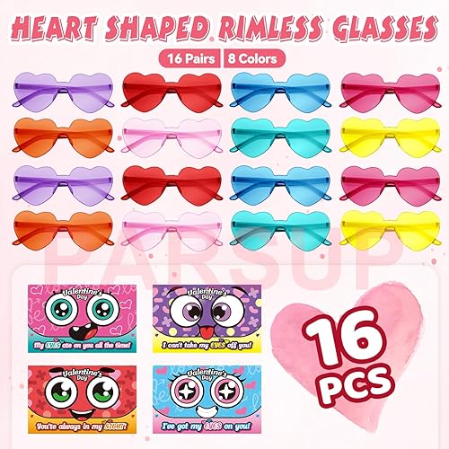 Miniatura 3 de PARSUP 16 tarjetas de felicitación para el día de San Valentín con gafas en forma de corazón, juguetes de relleno de estuche de gafas de plástico,