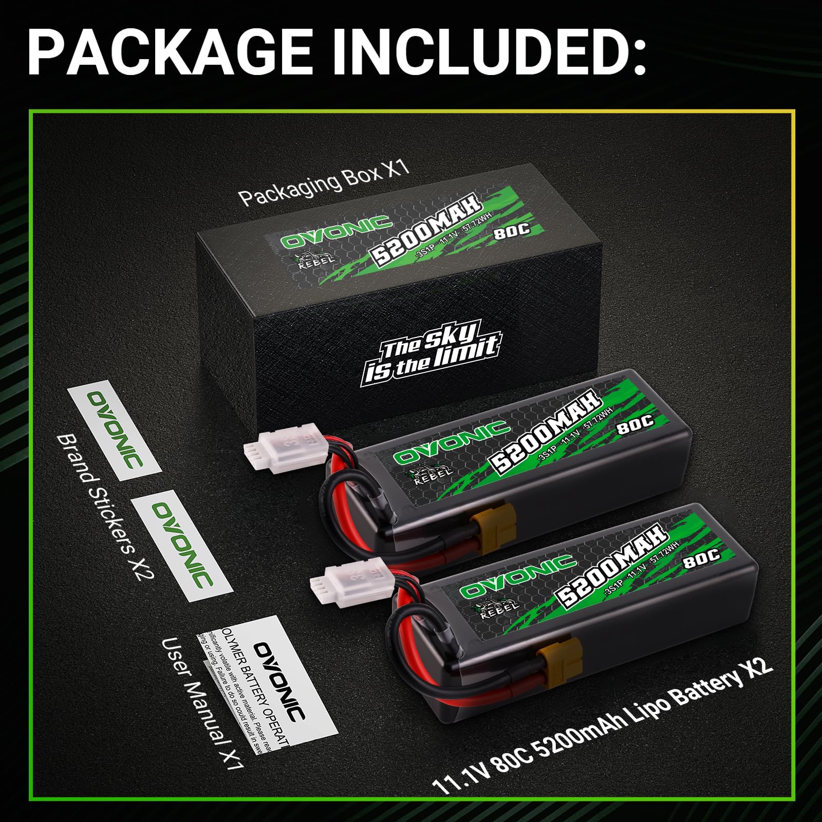 Ovonic - Batteria LiPo 3S 11,1 V 5200 mAh 80 C con connettore XT60 - Custodia rigida per RC Car Monster Truck RC Truggy Buggy RC Truck Hobby (2 pezzi)