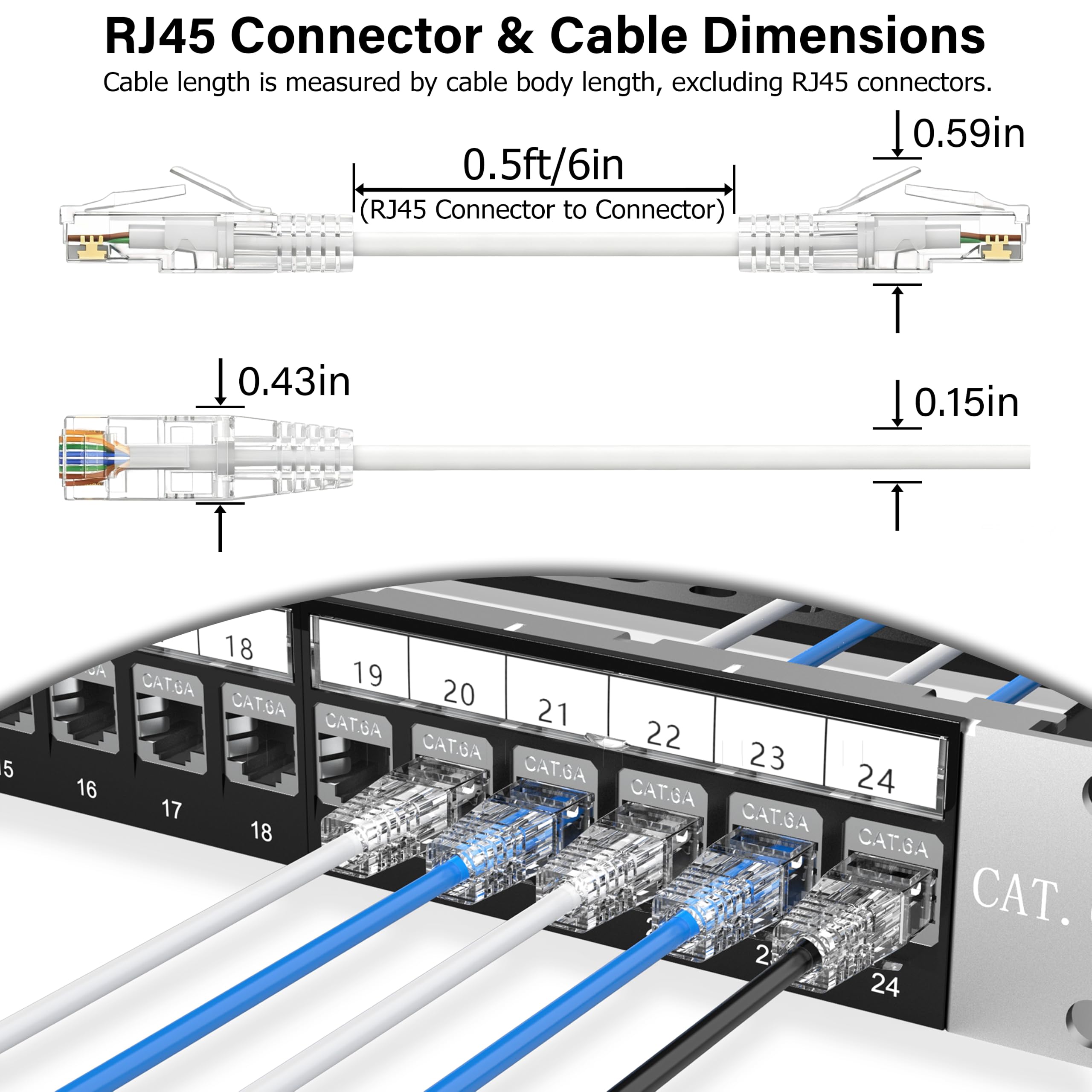 Jadaol Cavi patch Cat6A da 0,3 m, confezione da 24 pezzi, supporto per rete Cat8 Cat7 da 10 Gbps, cavo patch Ethernet antigroviglio per connessioni corte, cavo Ethernet sottile flessibile per pannello