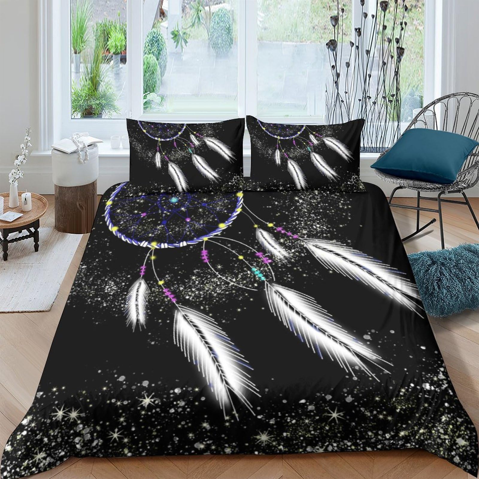 Ctjqhvkz Style-6 3D Printed Dreamcatcher Fitted Sheet Microfiber Soft Black Feather Night Sky Bed Cover For Bedroom Guest Room Decor Single（135X200cm）