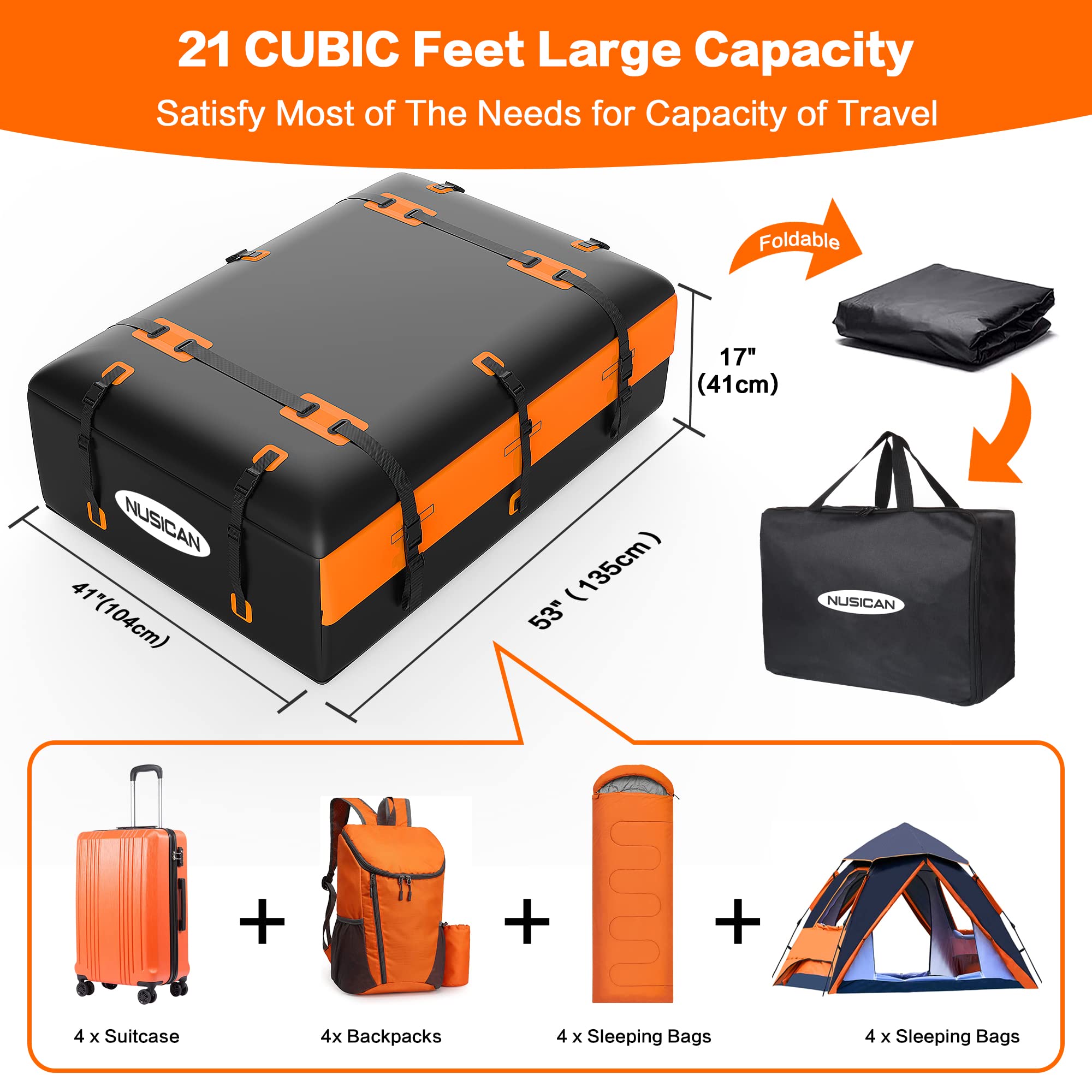 Car Rooftop Cargo Carrier Bag, NUSICAN 21 Cubic Feet 100% Waterproof Soft Car Roof Bag for All Vechicles SUV with/Without Racks, Anti-Tear 840D PVC, with Anti-Slip Mat + Storage Bag