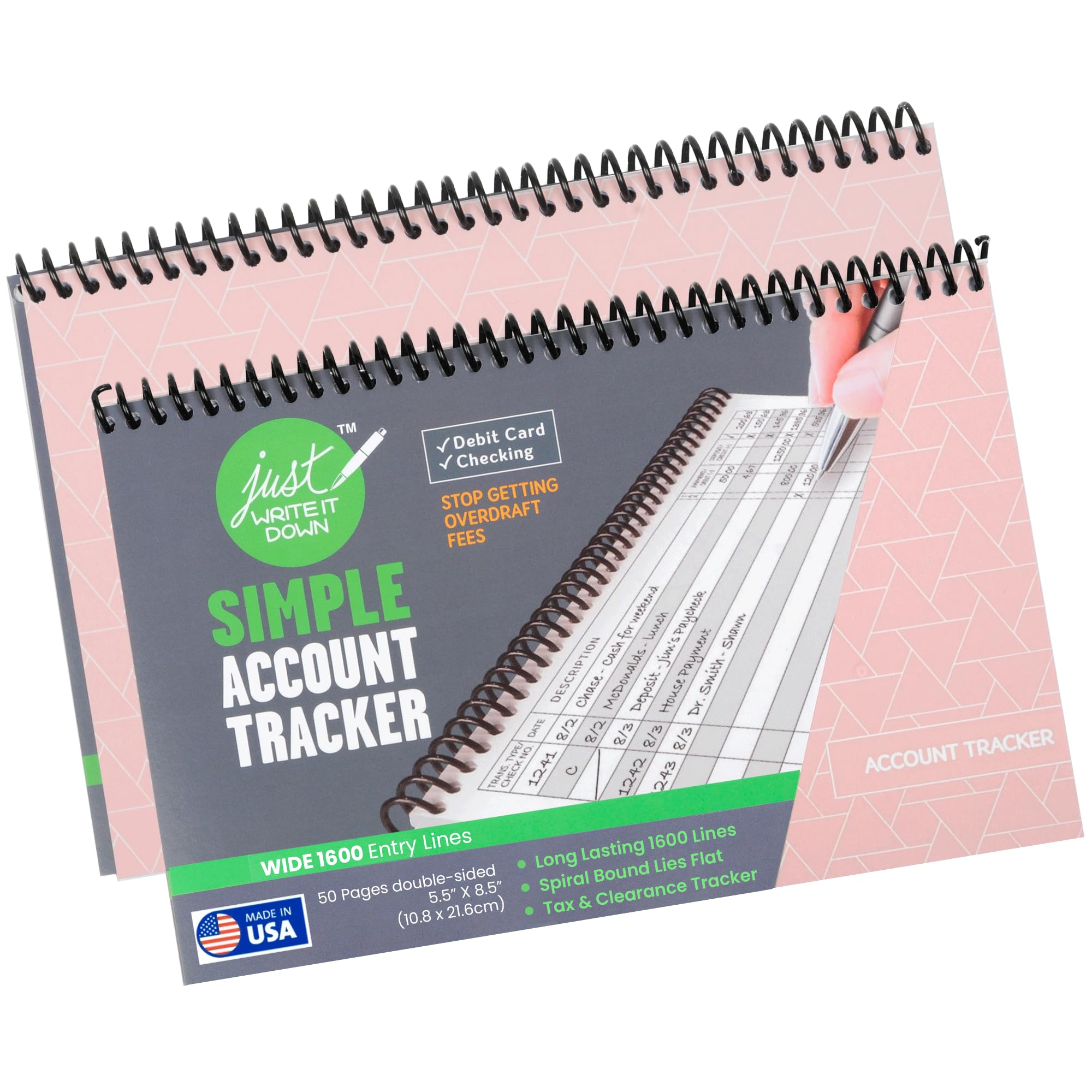The Superior Register - Simple Account Tracker - Big Checkbook Register & Financial Ledger - Debit Card Register - Bank Register - 2 Pack, Pink, Wide Edition 2-Pack Pink
