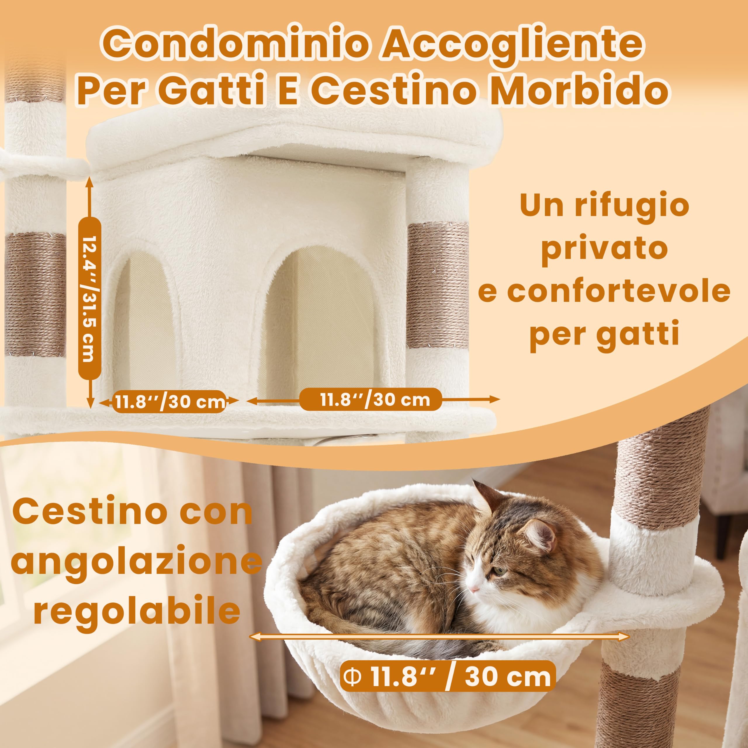 Heybly Albero Tiragraffi 142 cm Gatti Grandi, Torre Scalata Facile HCT028MJ | Amaca XL In Peluche, Cuccia Privata, Cesta Orientabile, Sisal Naturale, Base Stabile, Riposo E Gioco In Casa, Beige