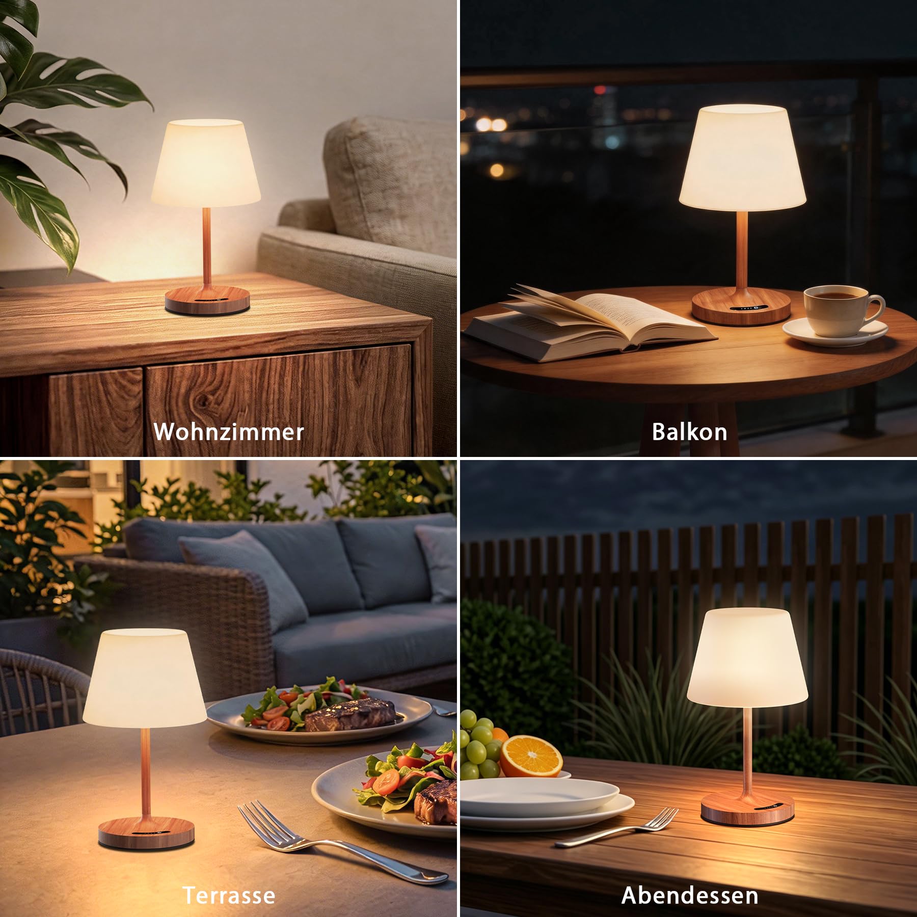 2 Stück Tischlampe Kabellos, 3 Farbtemperatur Nachttischlampe Touch Dimmbar mit Ladefunktion, IP54 Wasserdicht Tischleuchte Kabellos Memory Funktion für Schlafzimmer Esstisch Nachttisch (Holzmaserung)