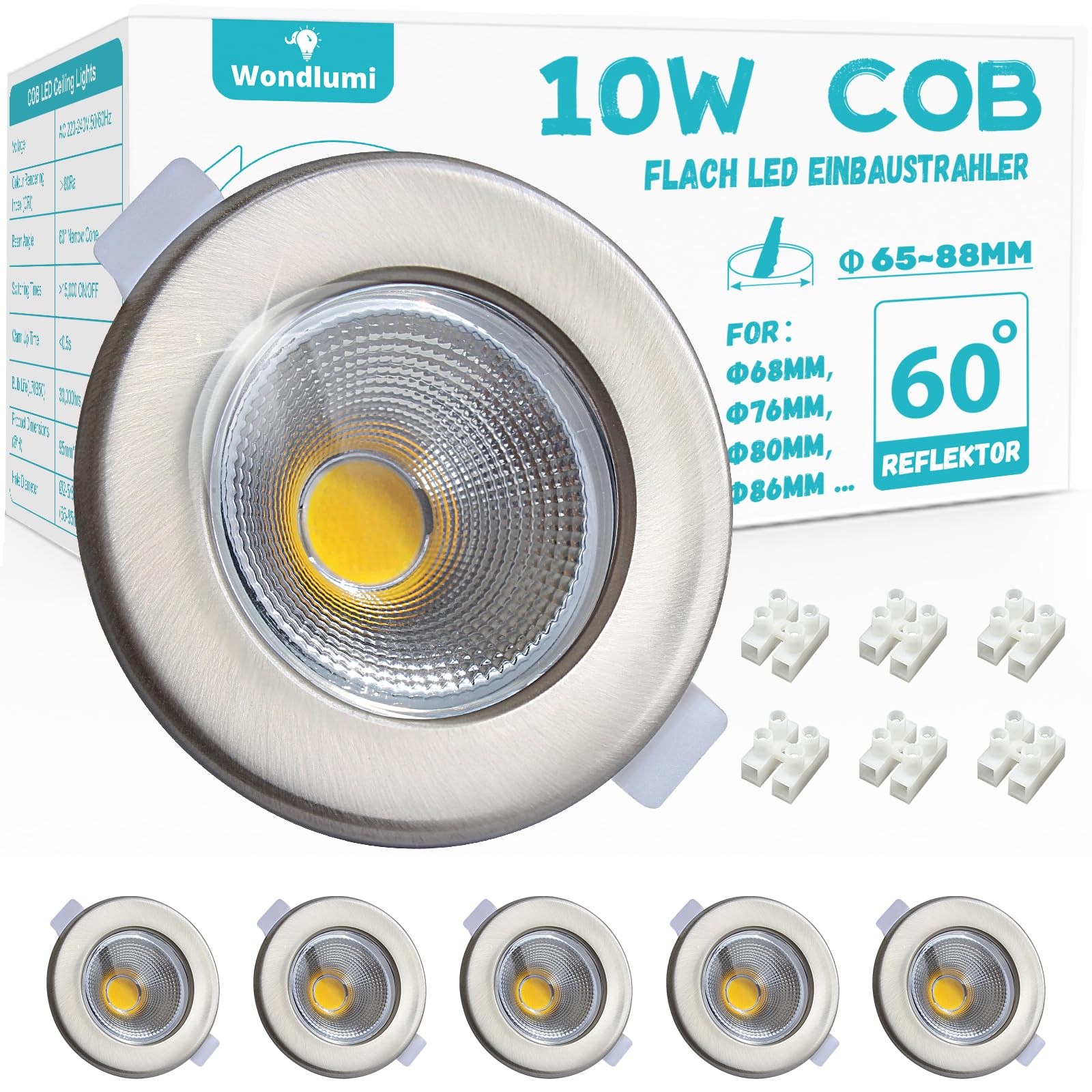 Wondlumi 6er LED Einbaustrahler 10W Set LED Spots 230V Rund Gebürstet Edelstahl Spots Deckenleuchte 4000K Neutralweiß 850LM Einbauspots 65-88mm Lochmaß