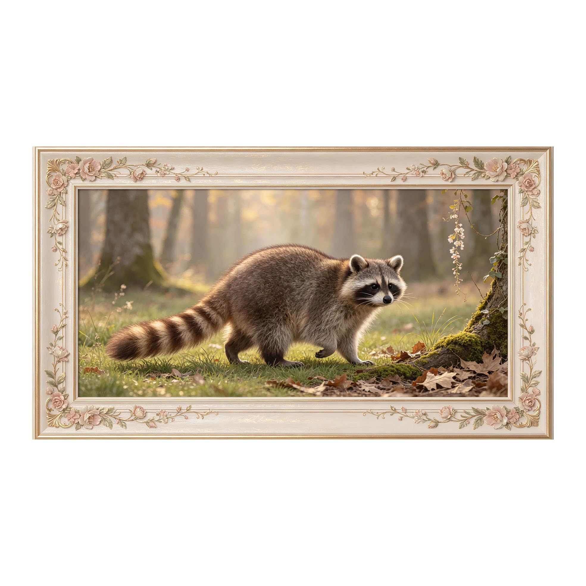 Murasolite 3D 3D Framed Wall Art 50cm×90cm Woodland Raccoon Landscape Oil Painting SelfAdhesive Fabric Mural Wall Decor, Peel and Stick No Damage to Wall for Bedroom Living Room
