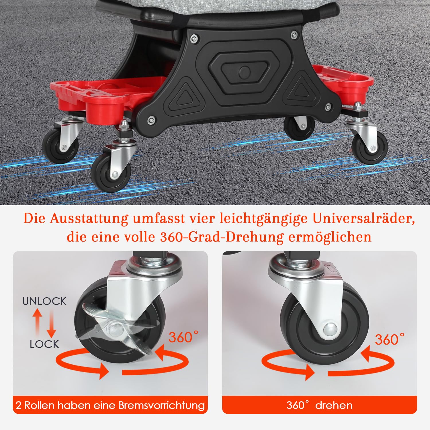 Werkstatthocker Rollhocker,Werkstatt Rollsitz 185kg Belastbar,Garagenhocker mit Aufbewahrungsbox,fixierbare Räder und Paletten, Mobil