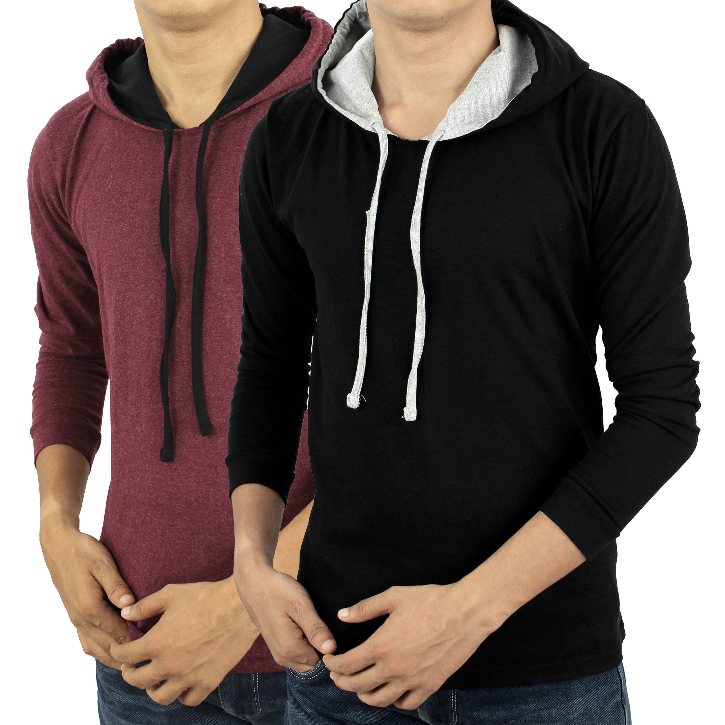 FASHA Men's Cotton Full Sleeves Hooded T-Shirt Sweatshirt Pack of 2