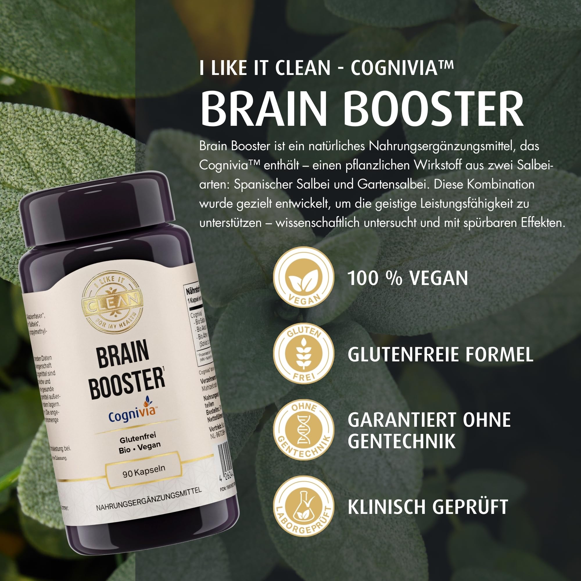 i like it clean - Brain Booster - 600 mg - 90 Kapseln - Glutenfrei, Vegan, ohne Gentechnik, Bio - unterstützt Fokus, Konzentration und mentale Leistung