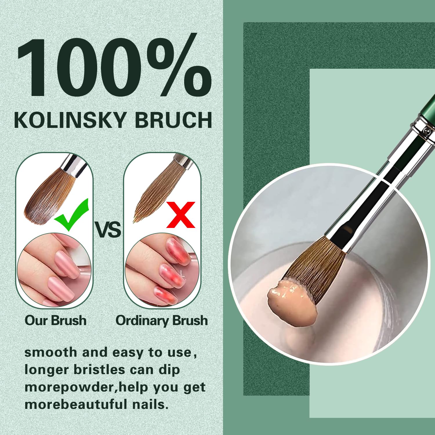 MOND'SUB Acrylic Nail Brush Size 18,100% Pure Kolinsky Nail Art Brushes for Acrylic Application, Green Metal Sturdy Handle Oval Shaped Acrylic Powder Nail Design Tools for Professional Manicure DIY