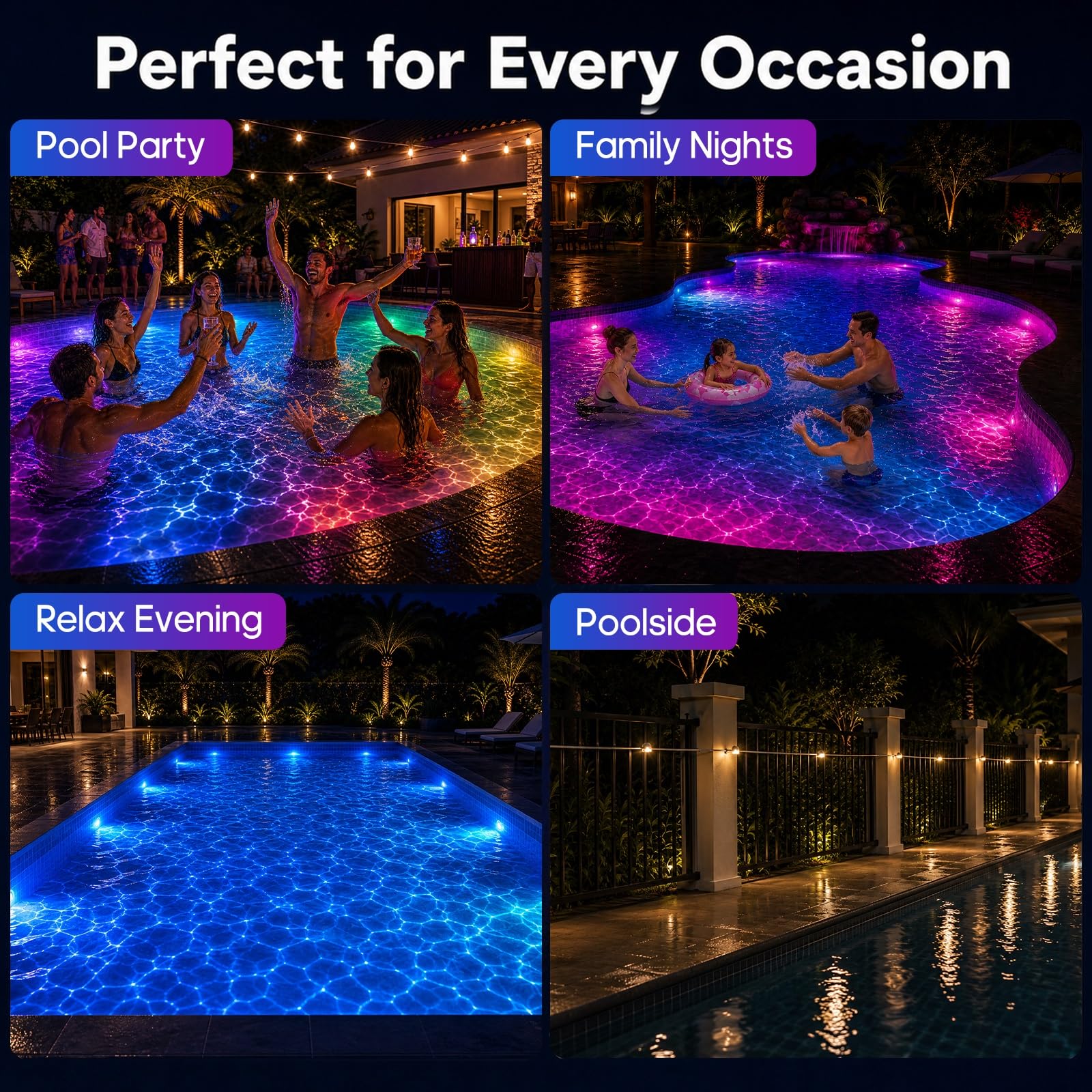 Illuminazione per laghetto RGB, 35 m, 24 in 1, luci subacquee con app e telecomando, 16 milioni di colori, scene fai da te e 44 modalità di illuminazione, IP68, illuminazione per piscina