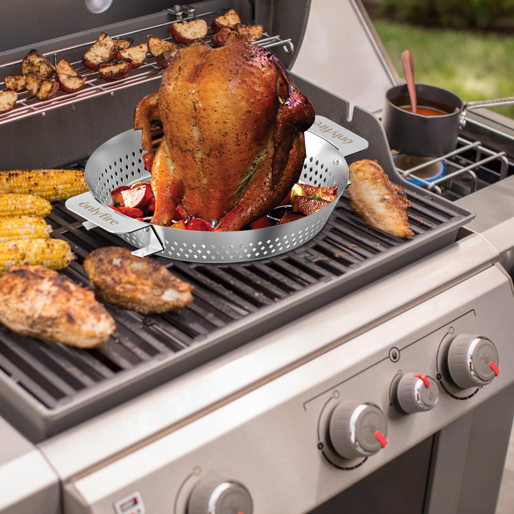 onlyfire Support de Cuisson en INOX pour Poulet et Barbecue, Compatible avec Le Système Weber Gourmet BBQ, Accessoire pour Weber