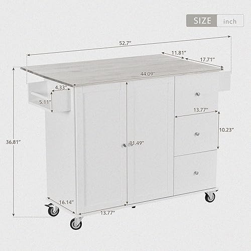 Miniatura 2 de LUMISOL Isla de cocina rodante con 3 cajones de almacenamiento y gabinete, carrito de cocina grande de 52.7 pulgadas con ruedas con hoja caída, para