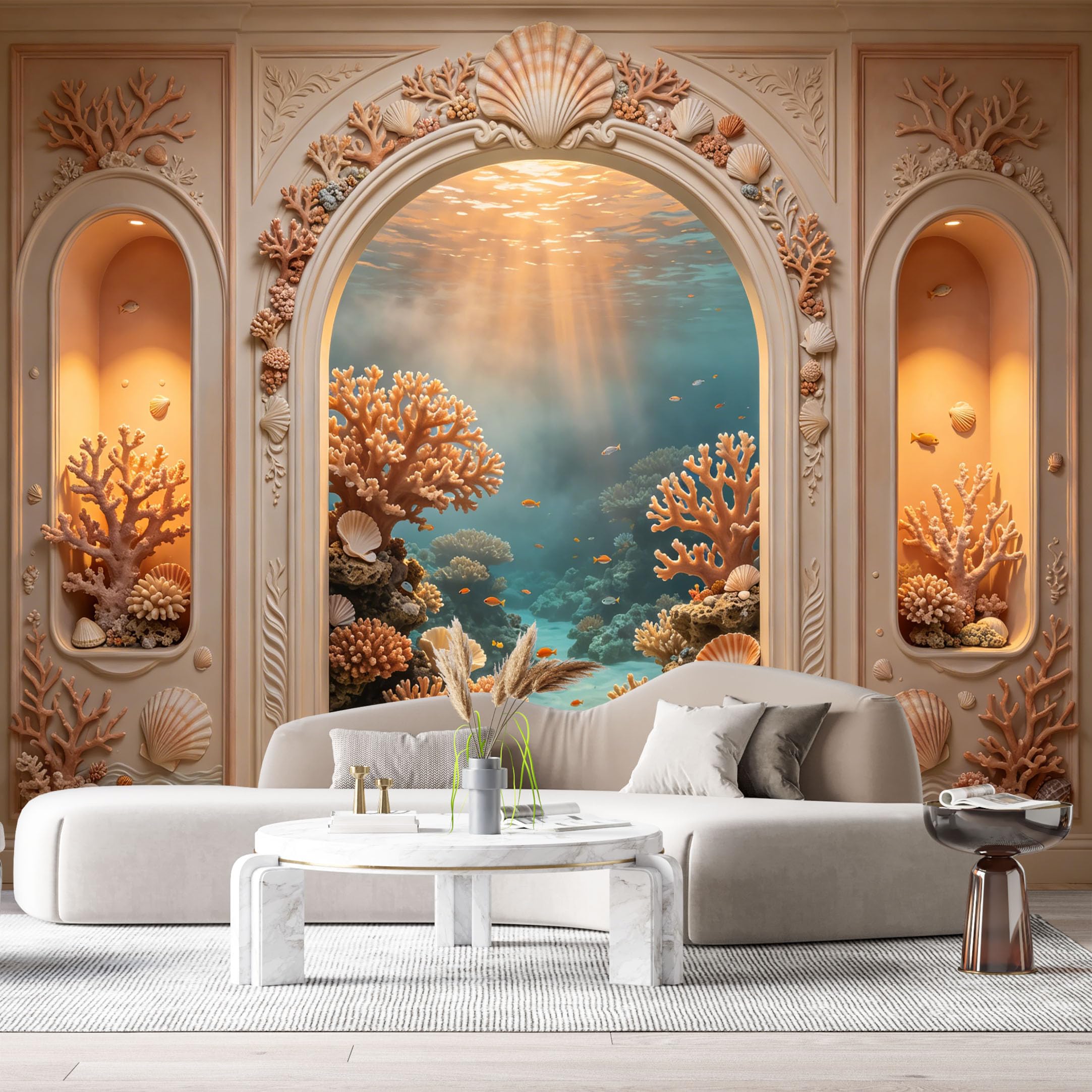 Custom Size Wall Murals Ocean Marine Coastal Archway Seashells Starfish 3D Trompe L'Oeil SelfAdhesiveWall Fabric Removable Wallpaper Wall Decor for Living Room Bedroom Bathroom